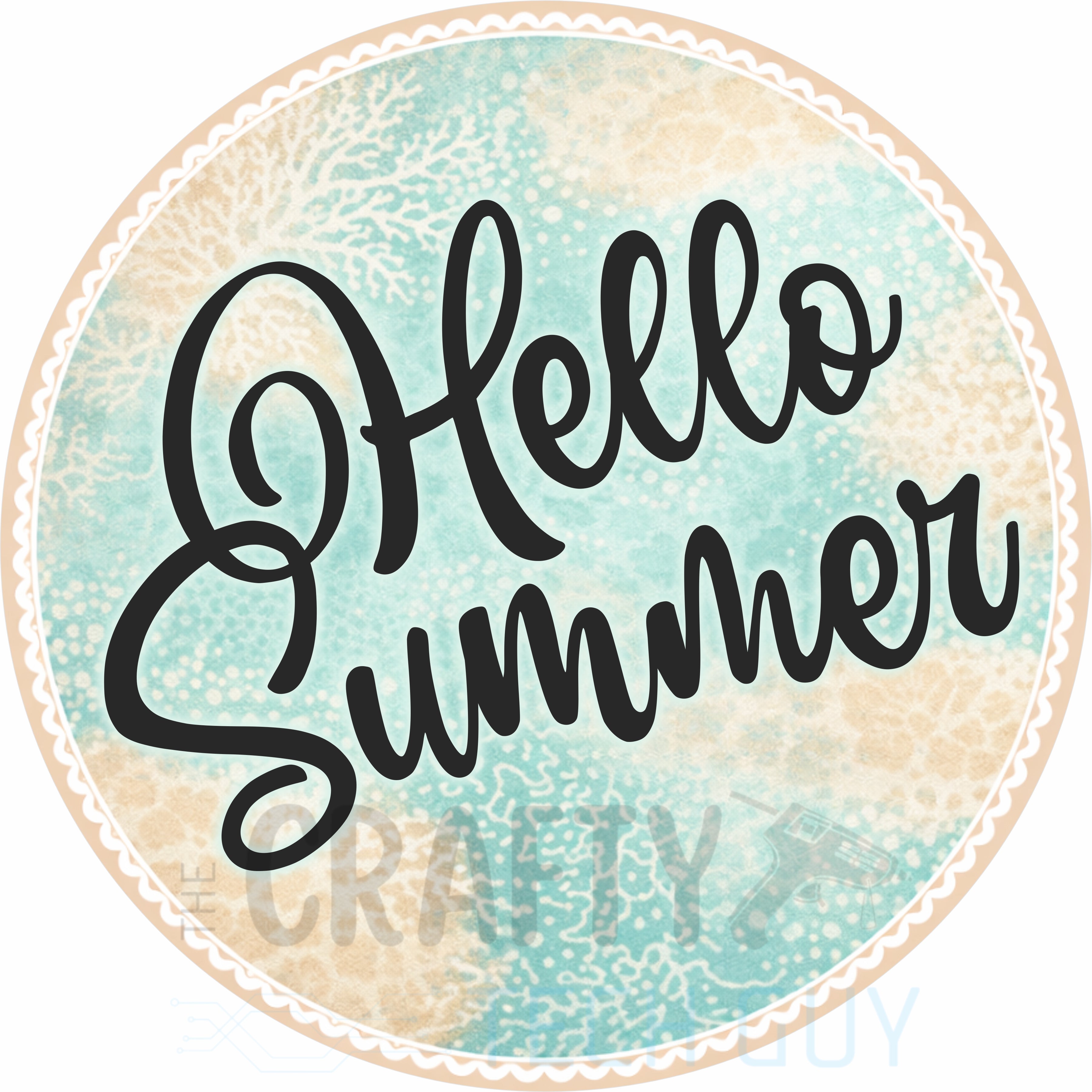Hello Summer Coastal Aqua Coral Round Wreath Sign