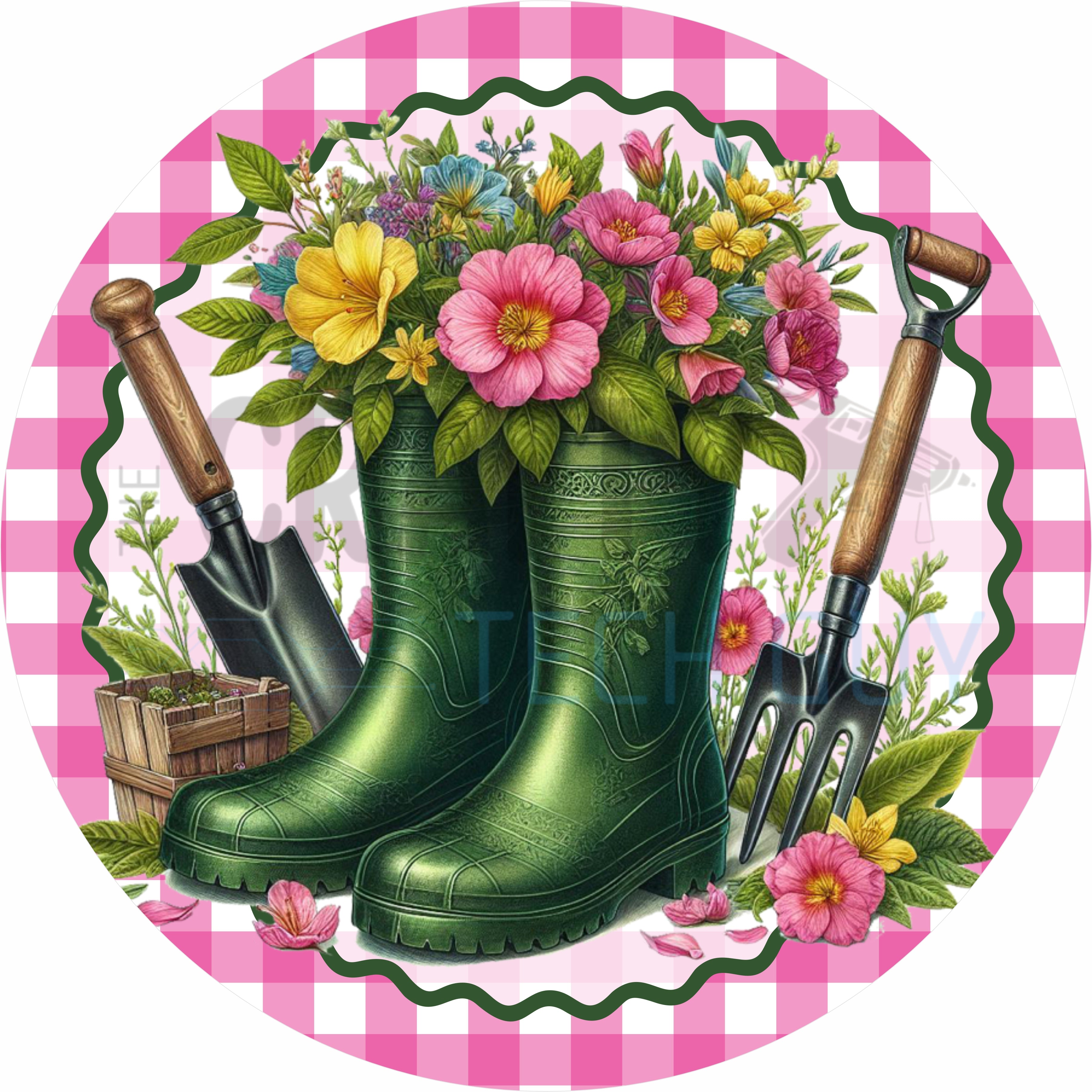 Spring Garden Boots Round Wreath Sign Floral Rain Boots Gardening