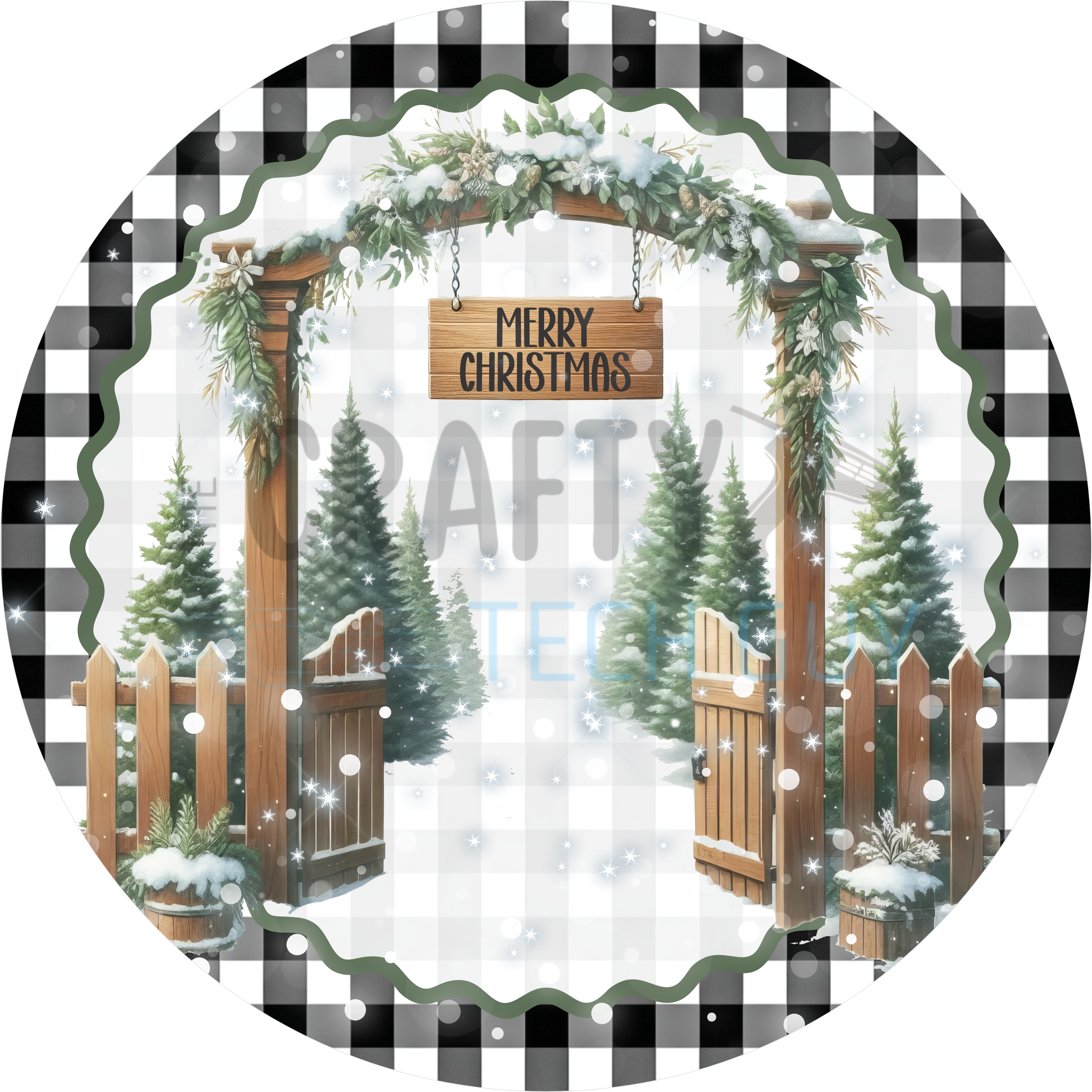 Rustic Merry Christmas Sign with Snowy Pine Trees, Wooden Gate, and Buffalo Plaid Background for Farmhouse Holiday Décor