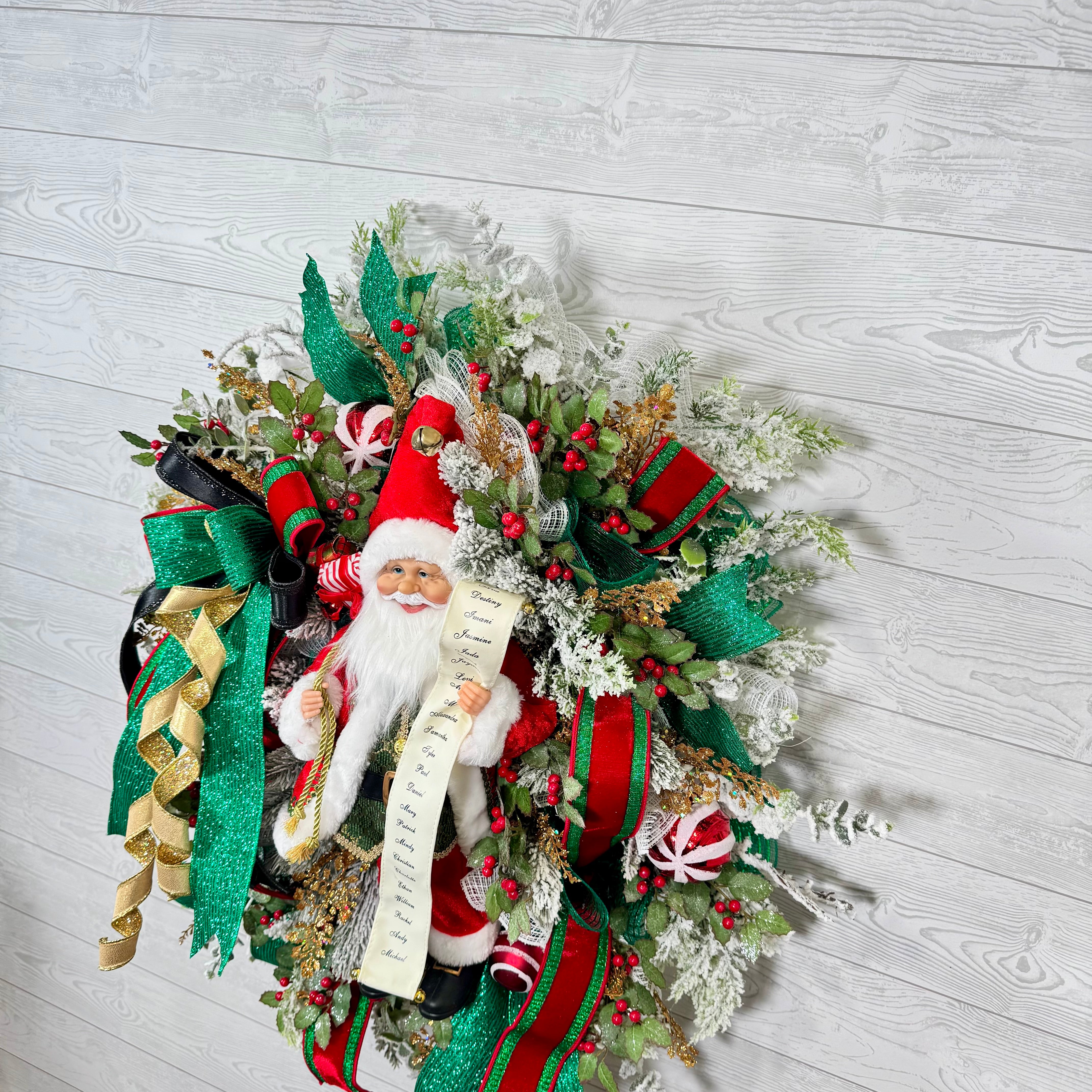 Santa Christmas Wreath, Festive Holiday Wreath with Santa Figure, Green and Gold Ribbon, Red Berries & Peppermint Accents