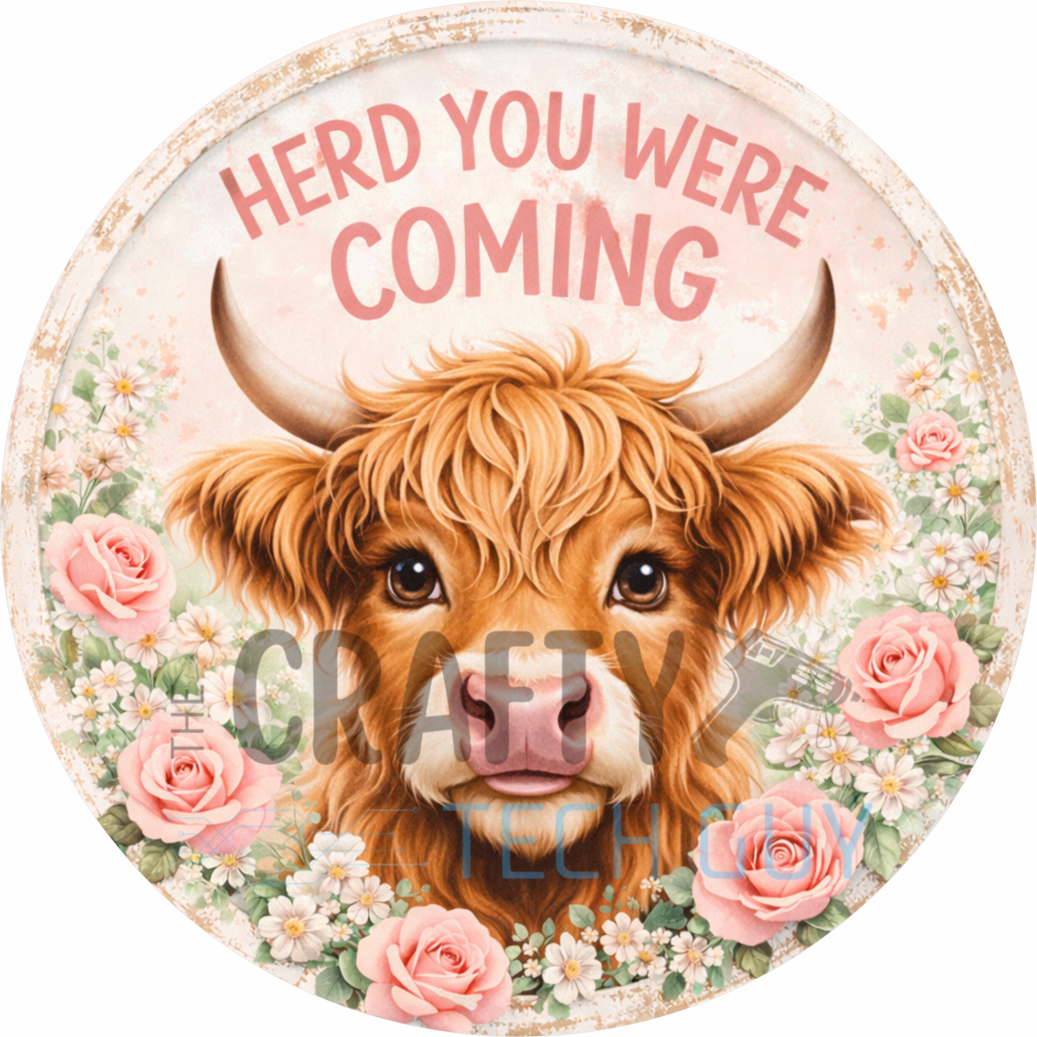 Floral Highland Cow Welcome Round Wreath Sign