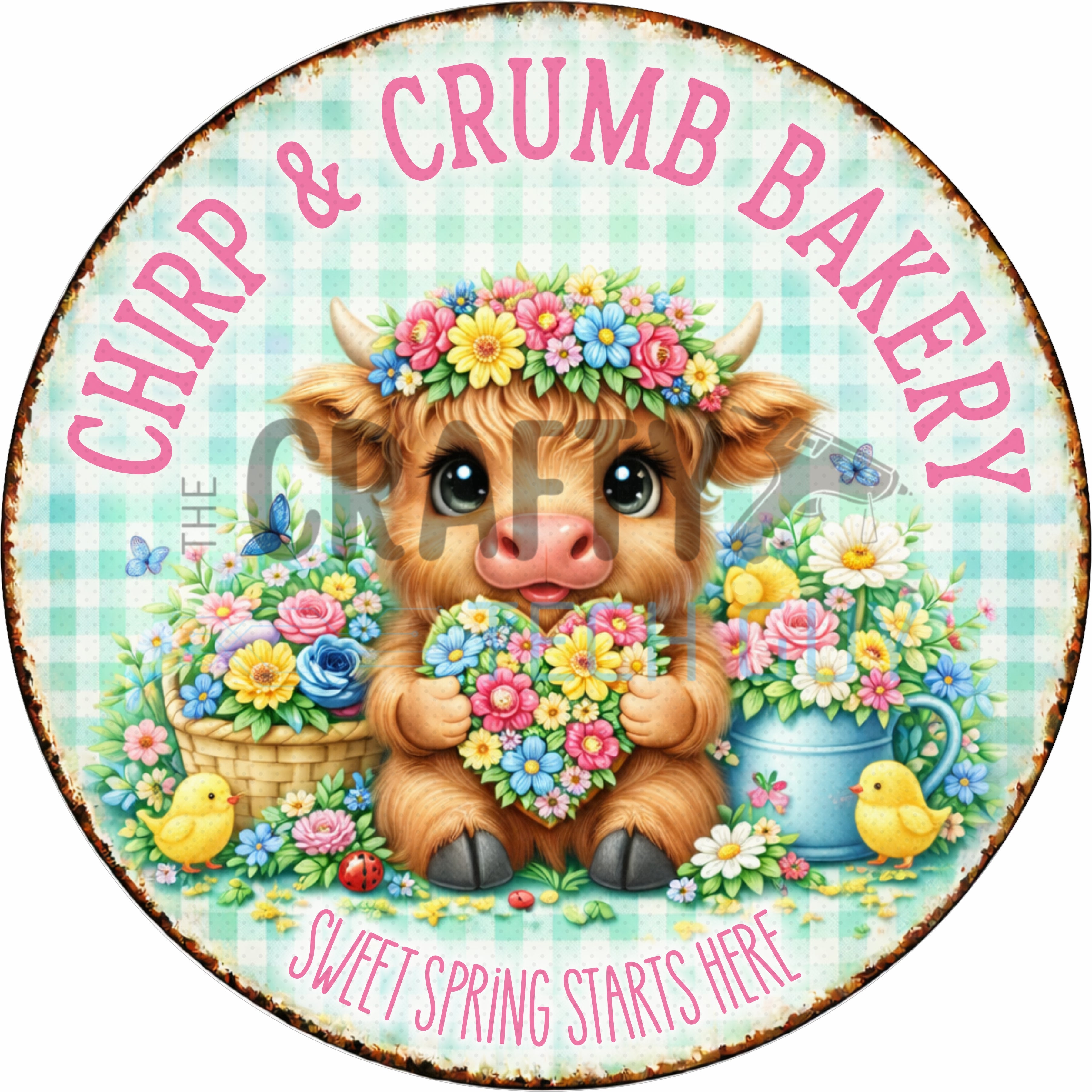 Chirp and Crumb Bakery Spring Cow Round Wreath Sign