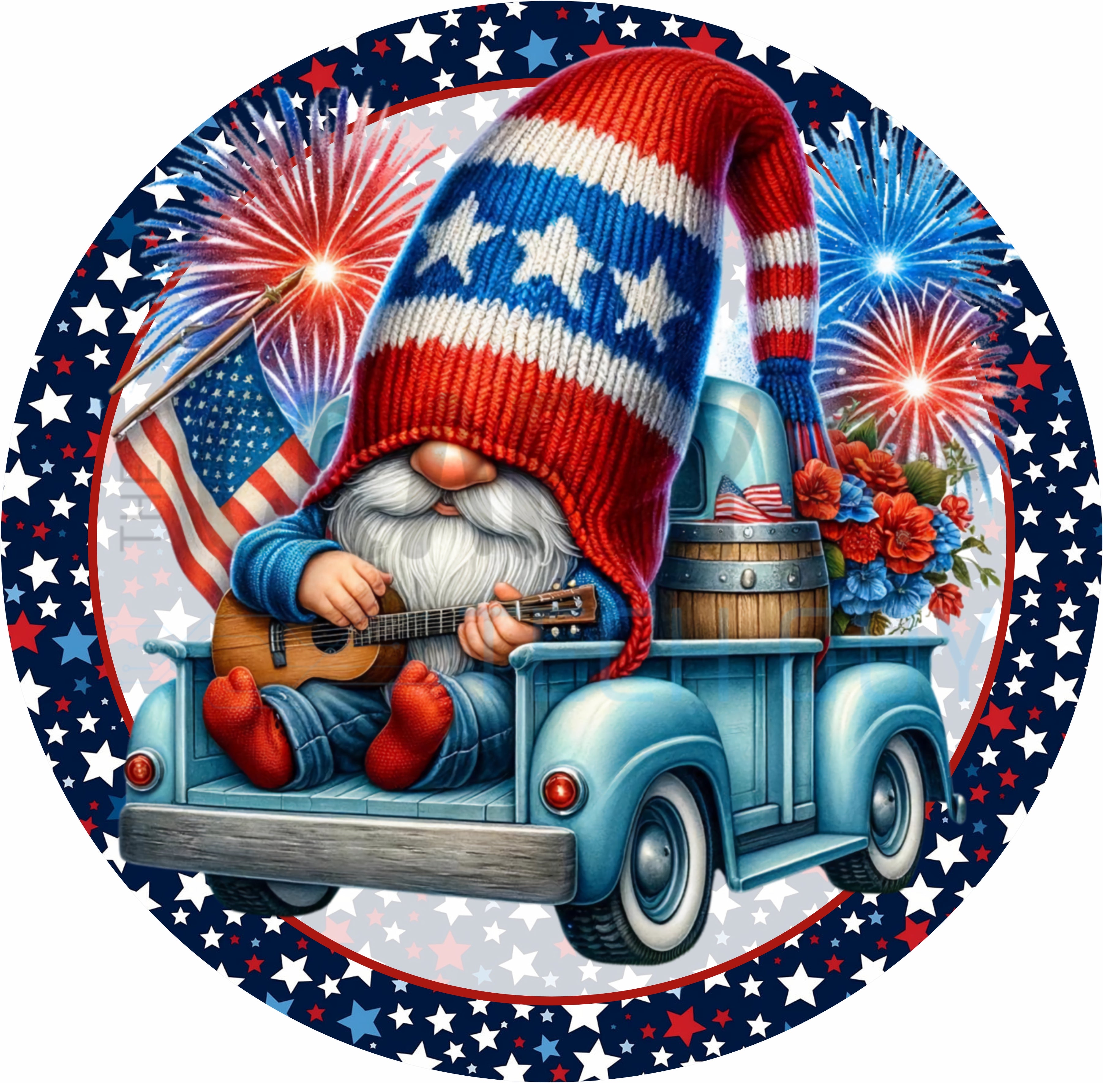 Patriotic Gnome Truck Fireworks Round Wreath Sign Red White Blue 4th of July