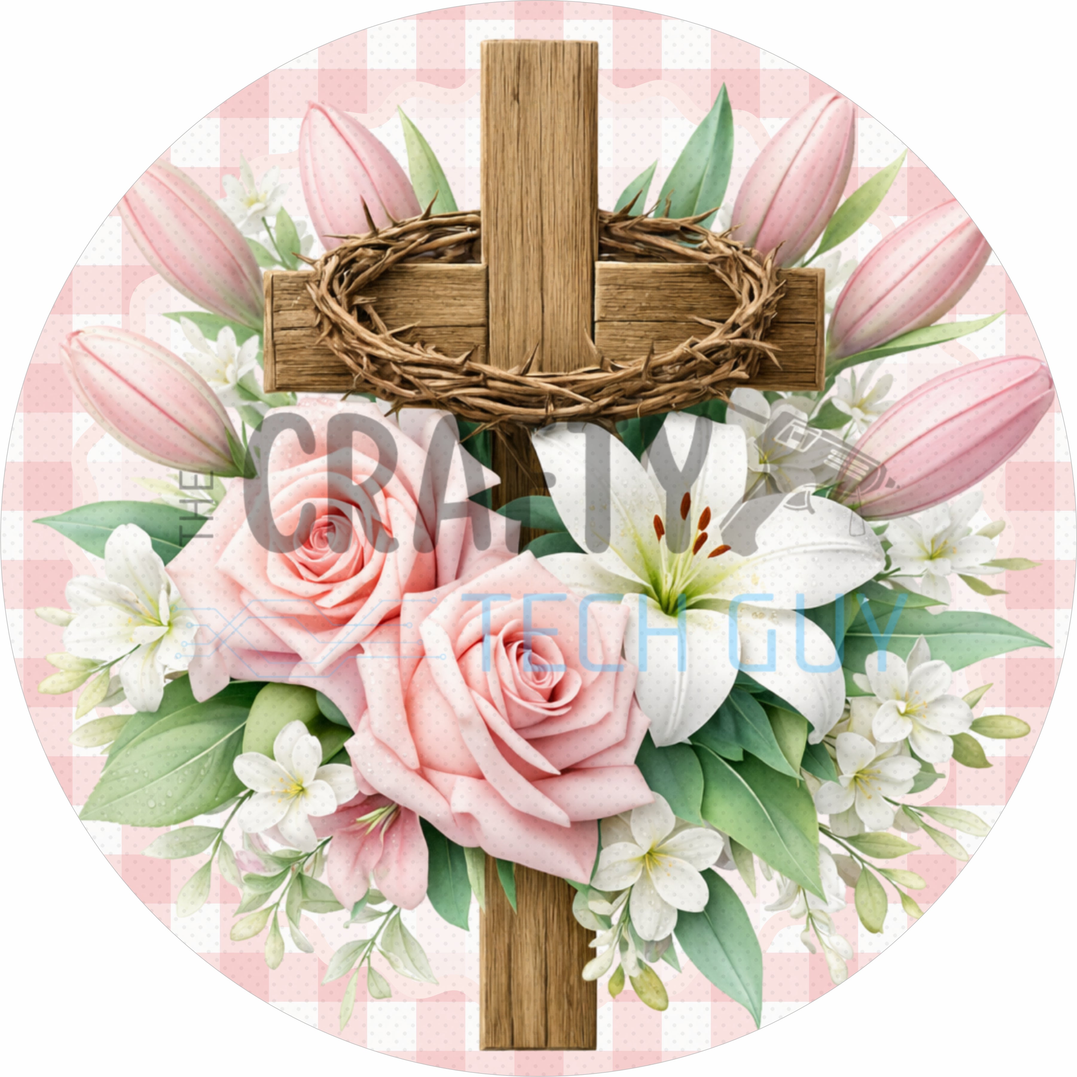 Pink Roses and Lily Cross Christian Round Wreath Sign
