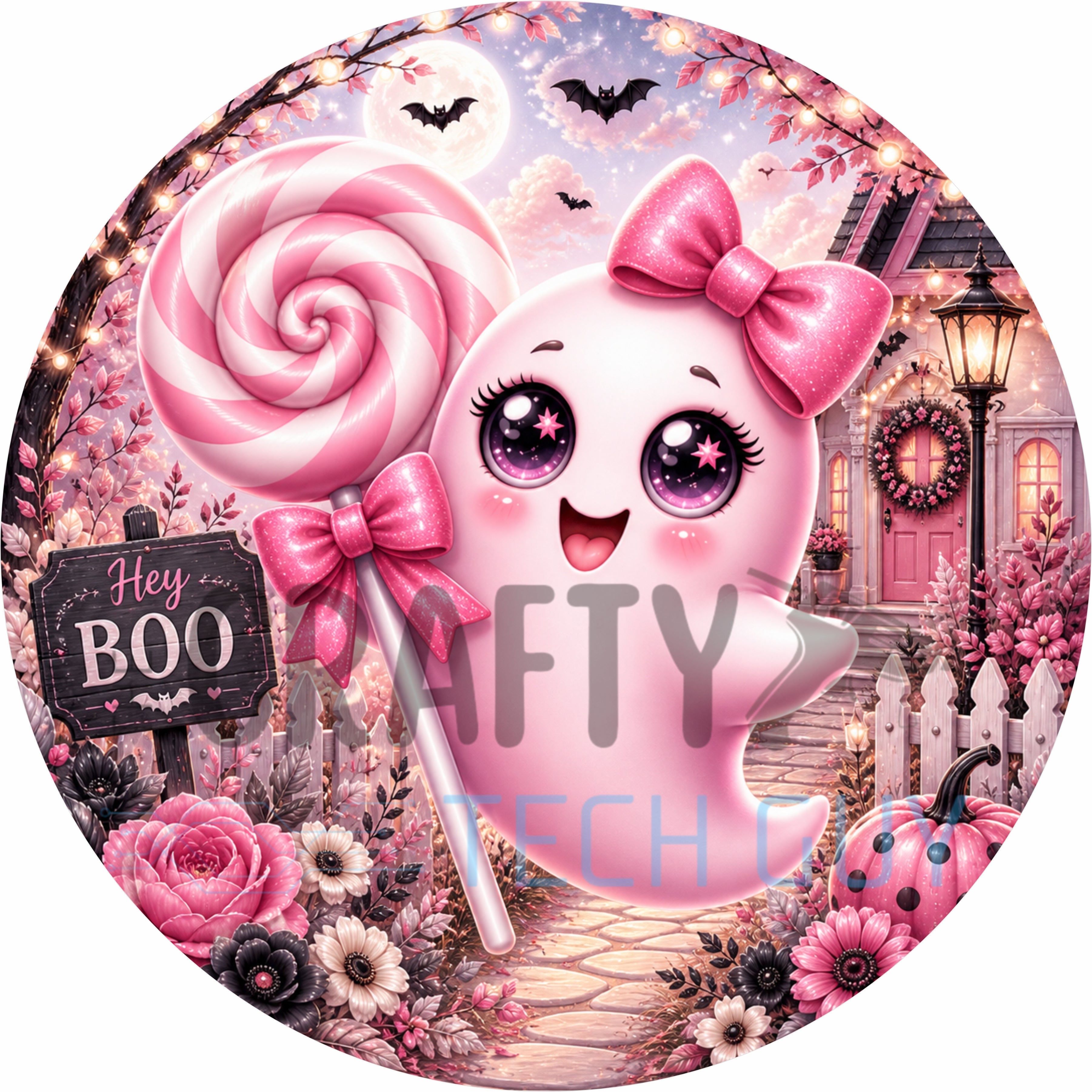 Hey Boo Pink Ghost Lollipop Halloween Round Wreath Sign