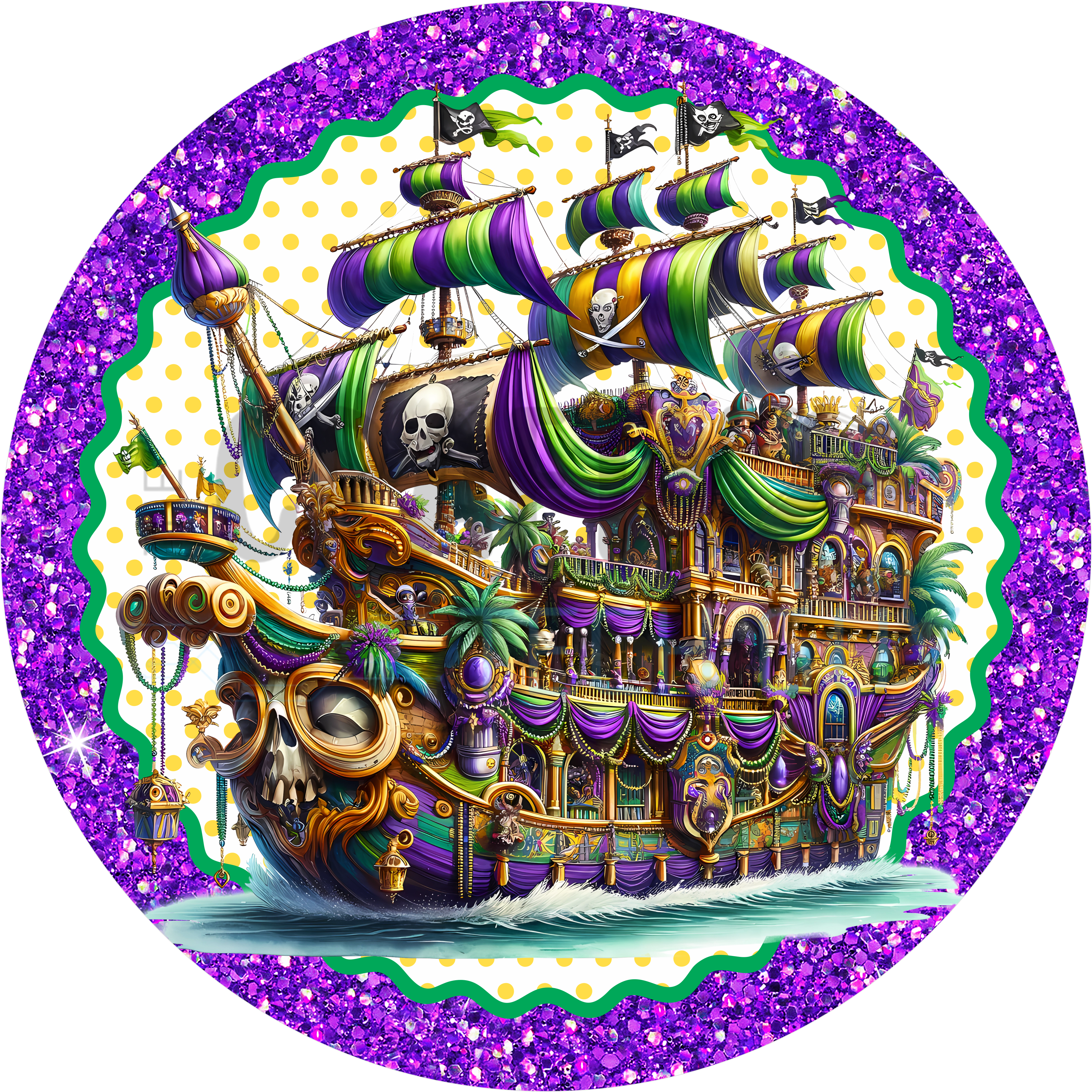 Mardi Gras Pirate Ship Wreath Sign – Colorful Carnival Decor, Glitter Round Door Sign