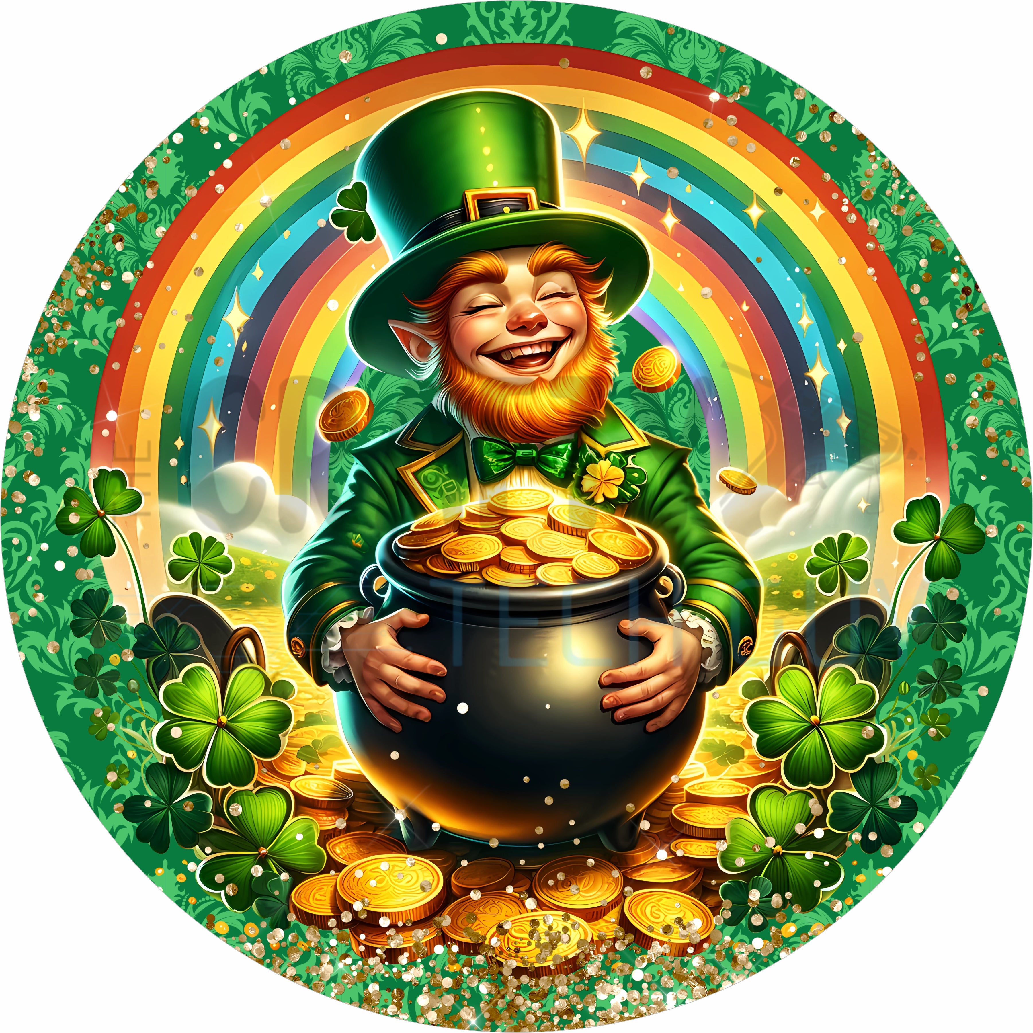 St Patrick’s Day Leprechaun Rainbow Pot of Gold Round Wreath Sign