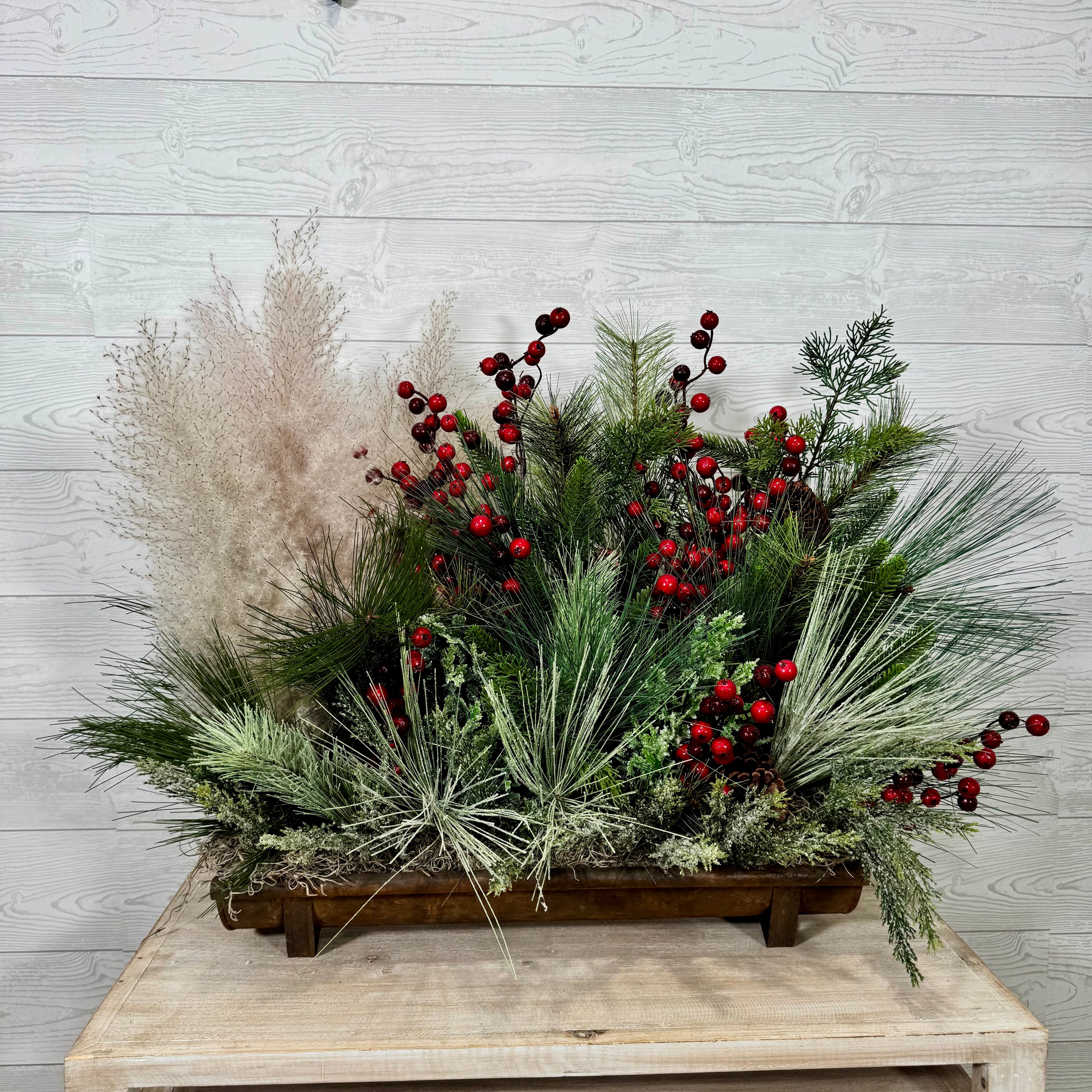 Rustic Woodland Christmas Centerpiece, Red Berry and Pine Arrangement with Pampas Grass, Winter Farmhouse Holiday Decor
