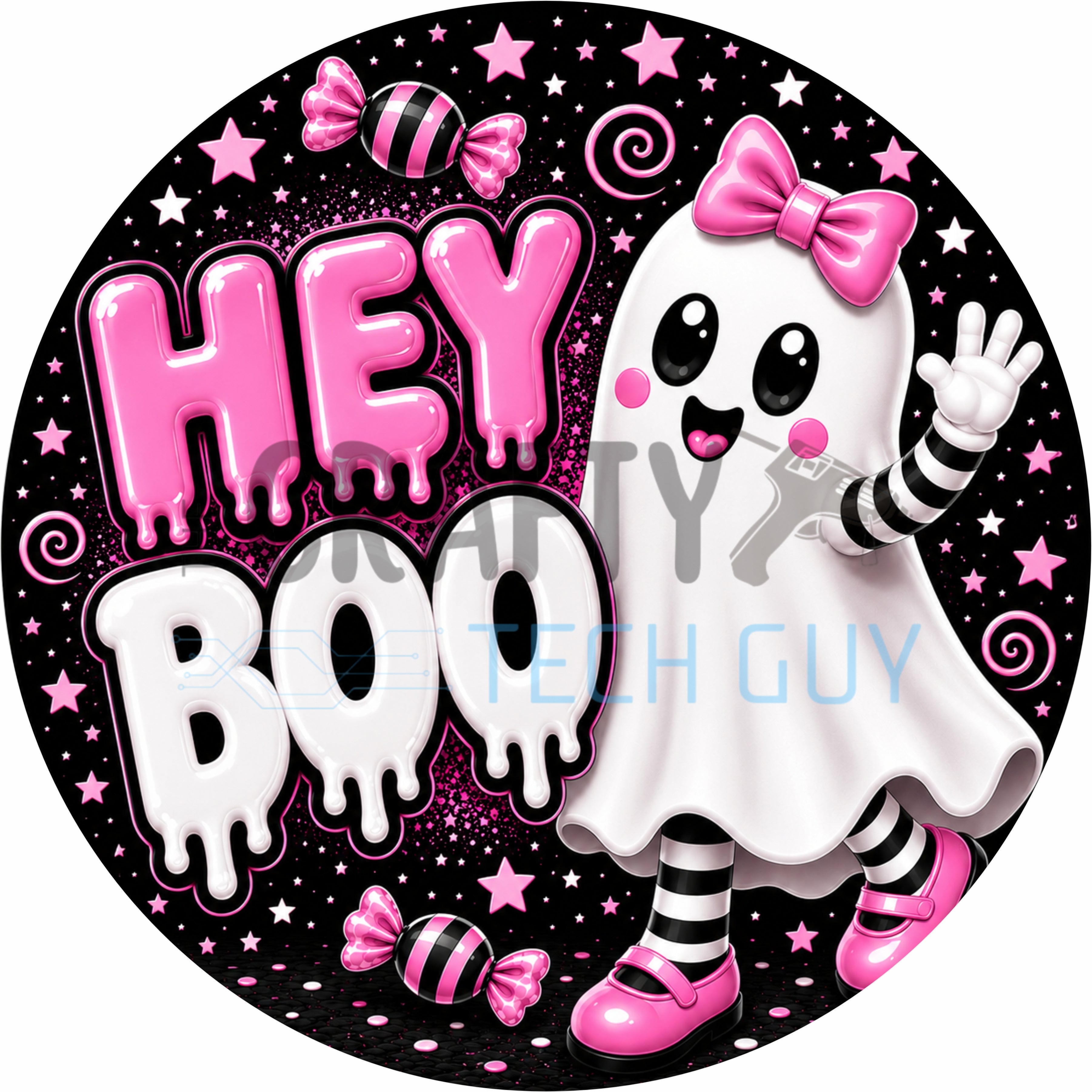 Hey Boo Pink Ghost Halloween Round Wreath Sign