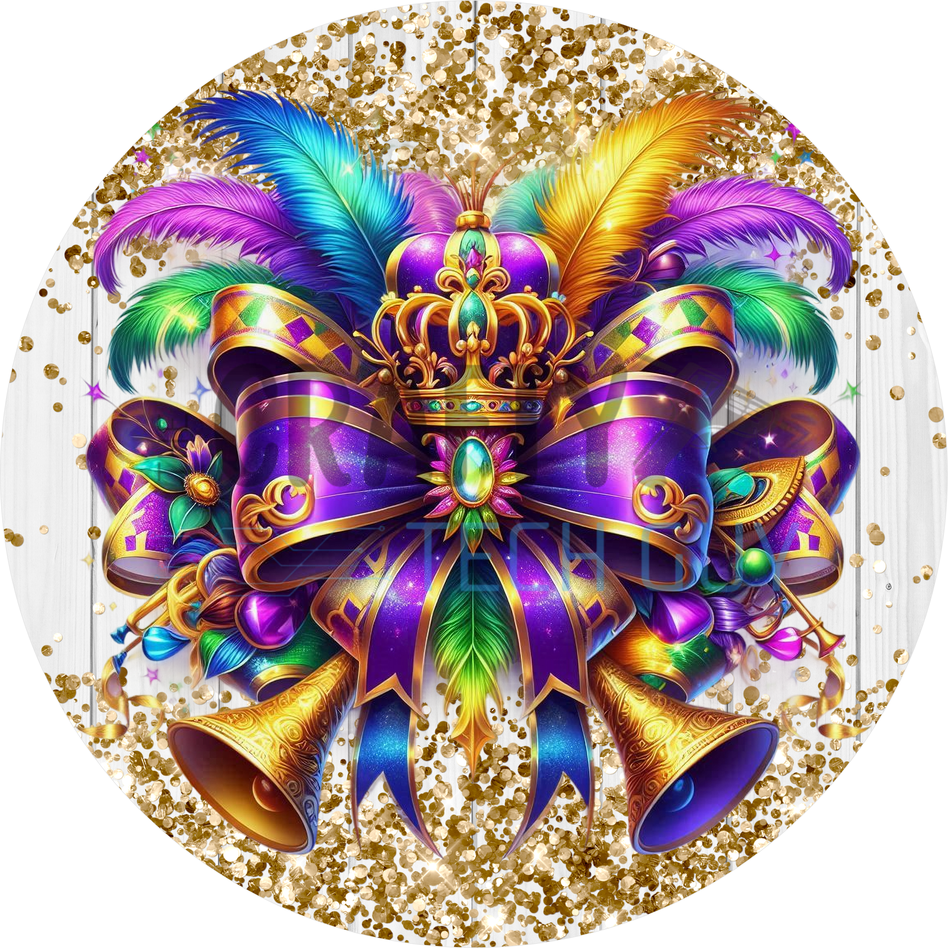 Mardi Gras Crown and Feathers Design with Gold Trumpets and Purple Bow | Festive Carnival Art for Party Décor and Wreath Creations