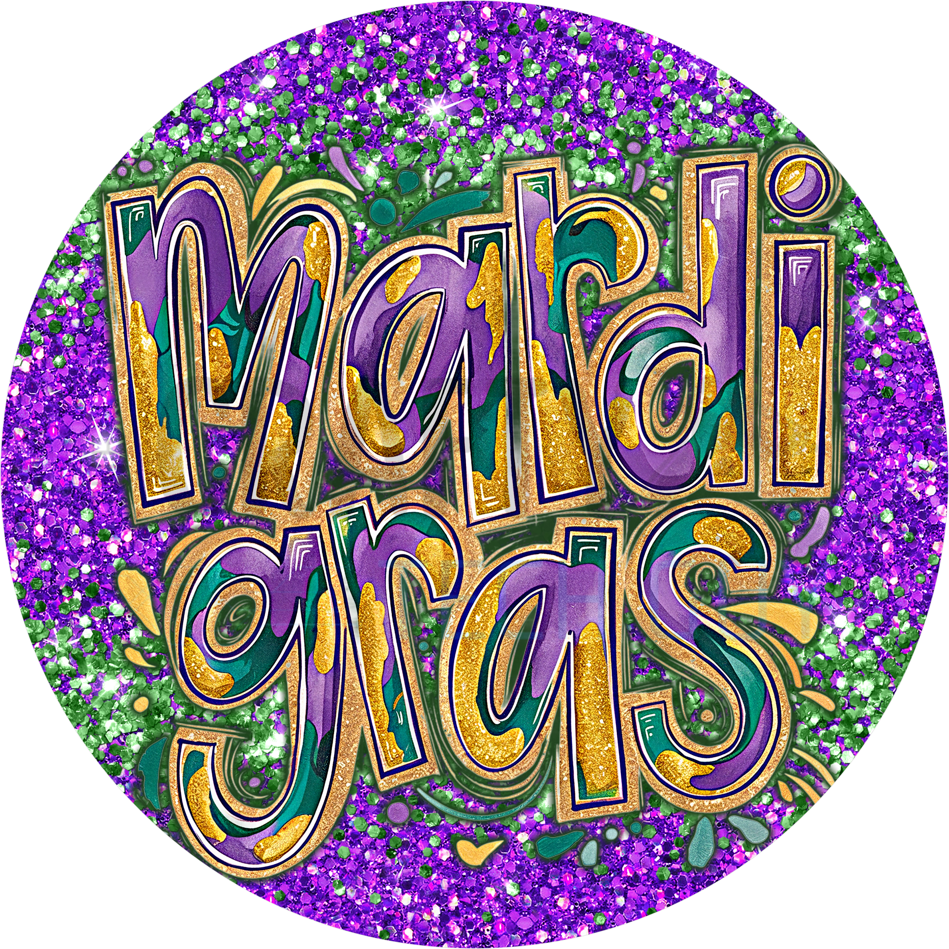 Mardi Gras Glitter Purple Gold & Green Round Décor Sign