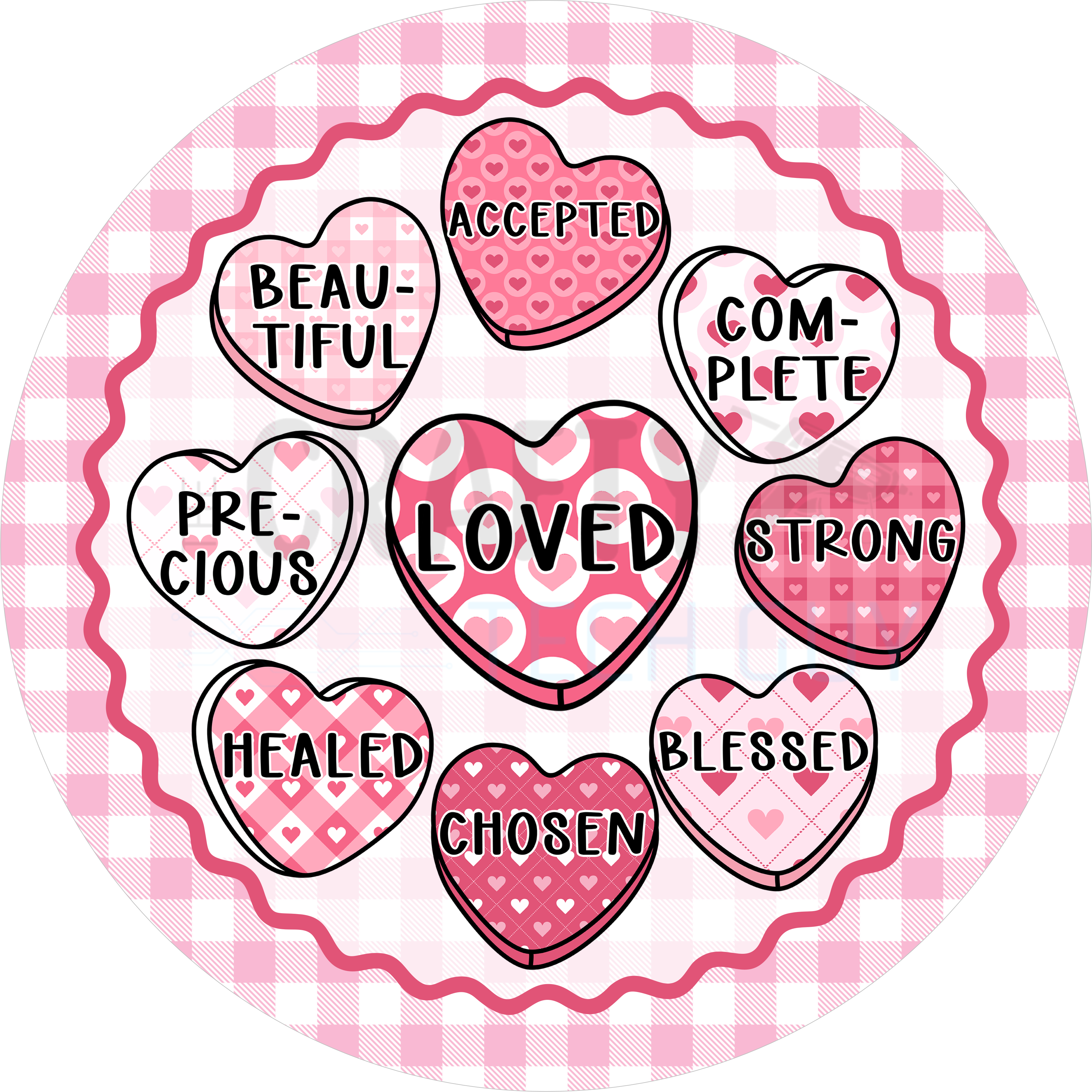 Encouragement Hearts Round Sign – Pink Gingham Affirmation Valentine Round Sign