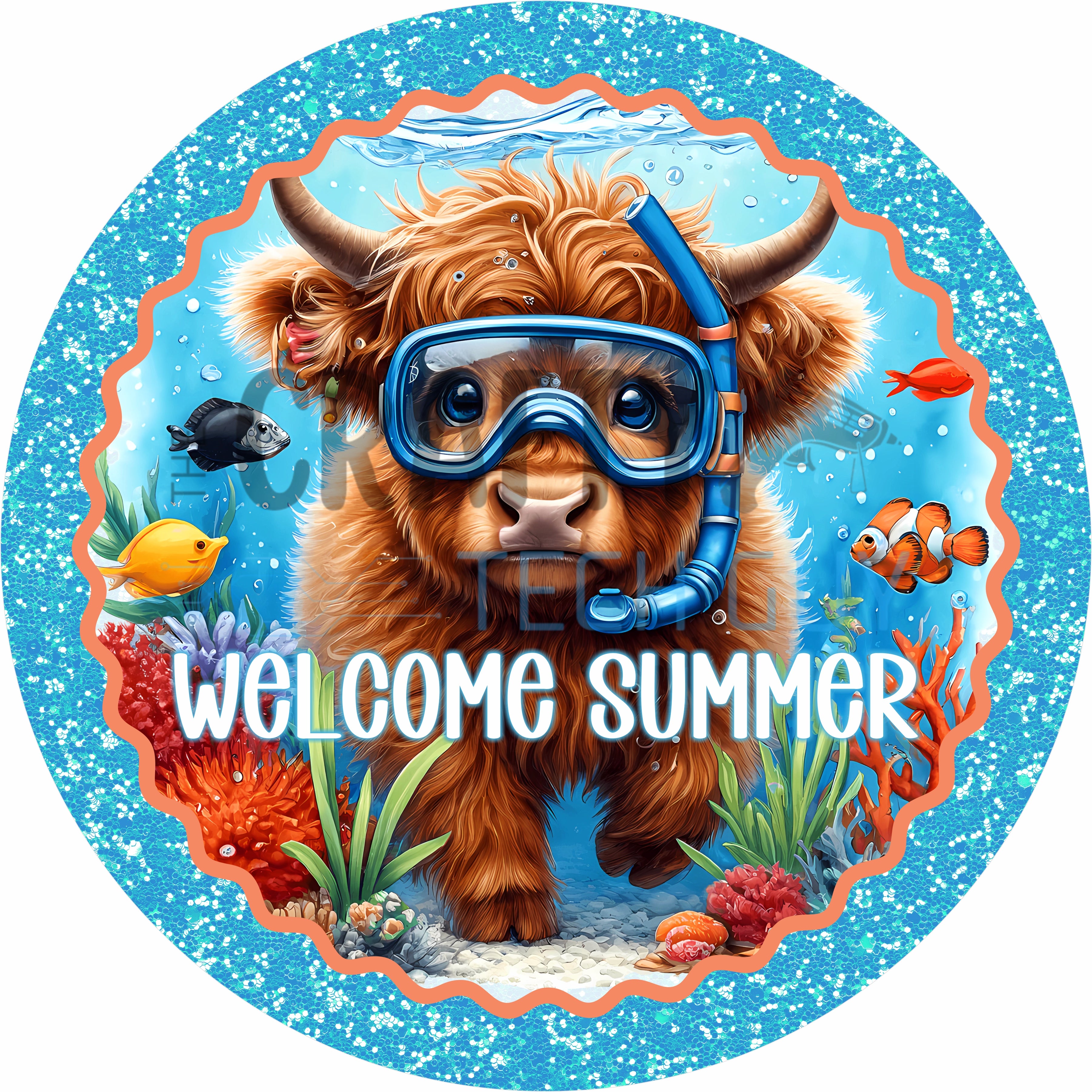 Welcome Summer Snorkeling Highland Cow Beach Round Wreath Sign