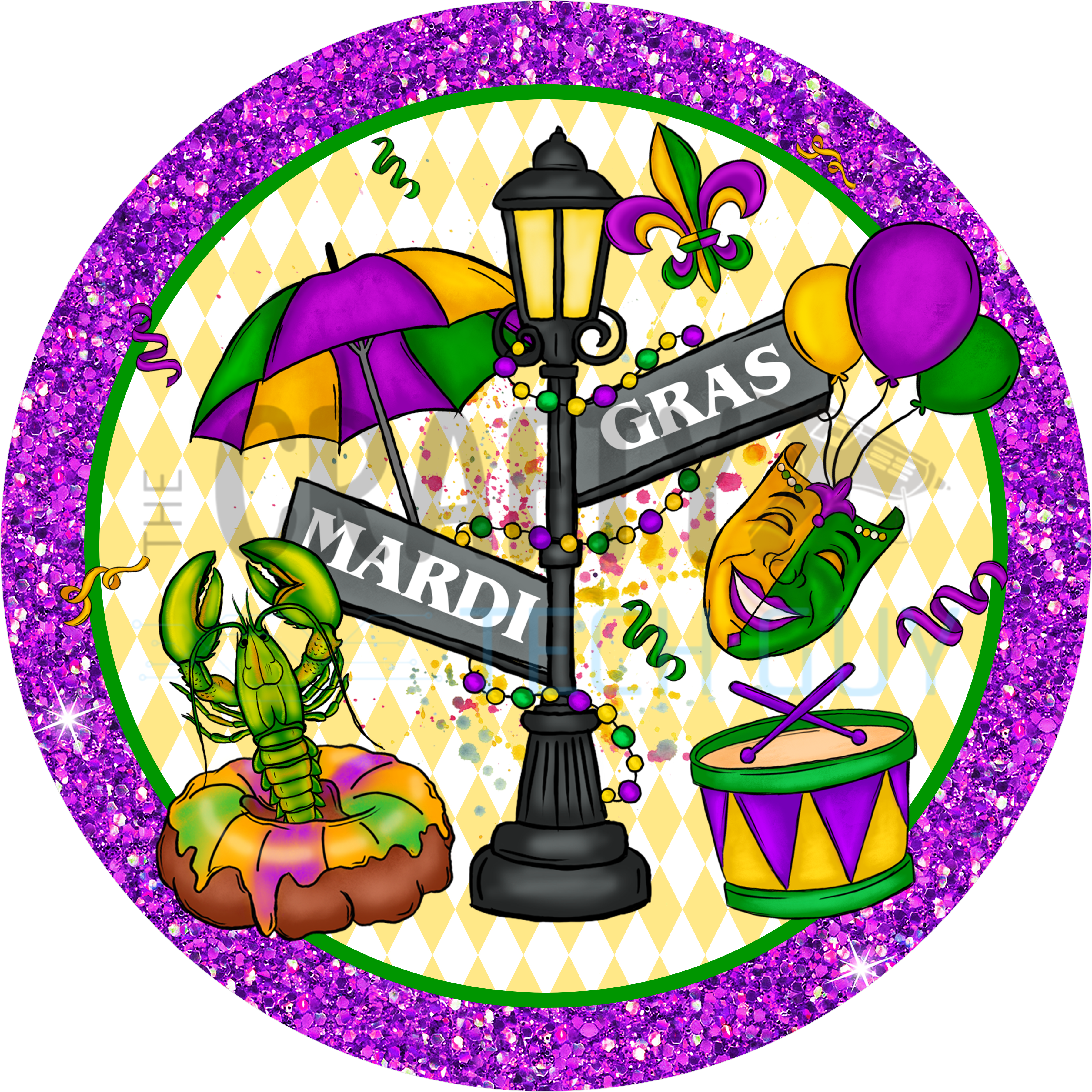 Mardi Gras Door Sign – Carnival Street Lamp Decor with Masks, Beads, Balloons & Glitter Border