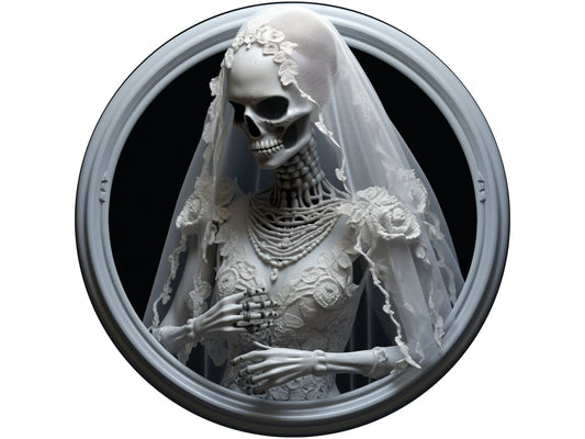 3D white and dark grey skeleton bride in wedding dress wreath sign, sign for Halloween, sign for October