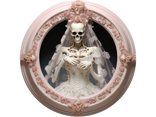 3D white and pink skeleton bride in wedding dress wreath sign, sign for Halloween, sign for October