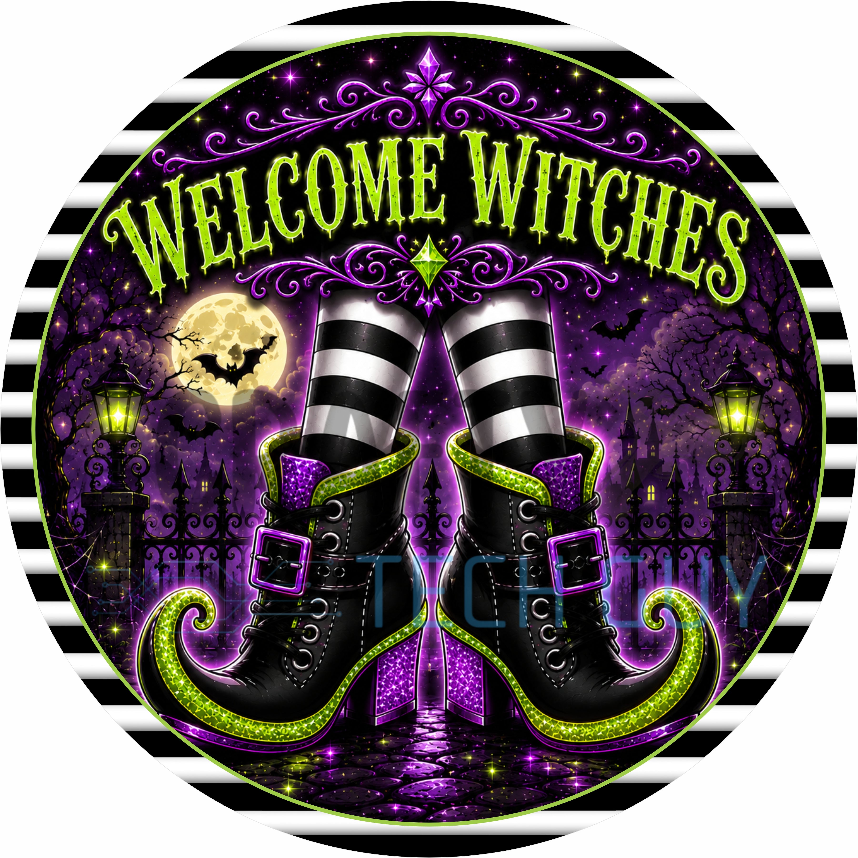 Welcome Witches Neon Purple and Lime Halloween Round Wreath Sign