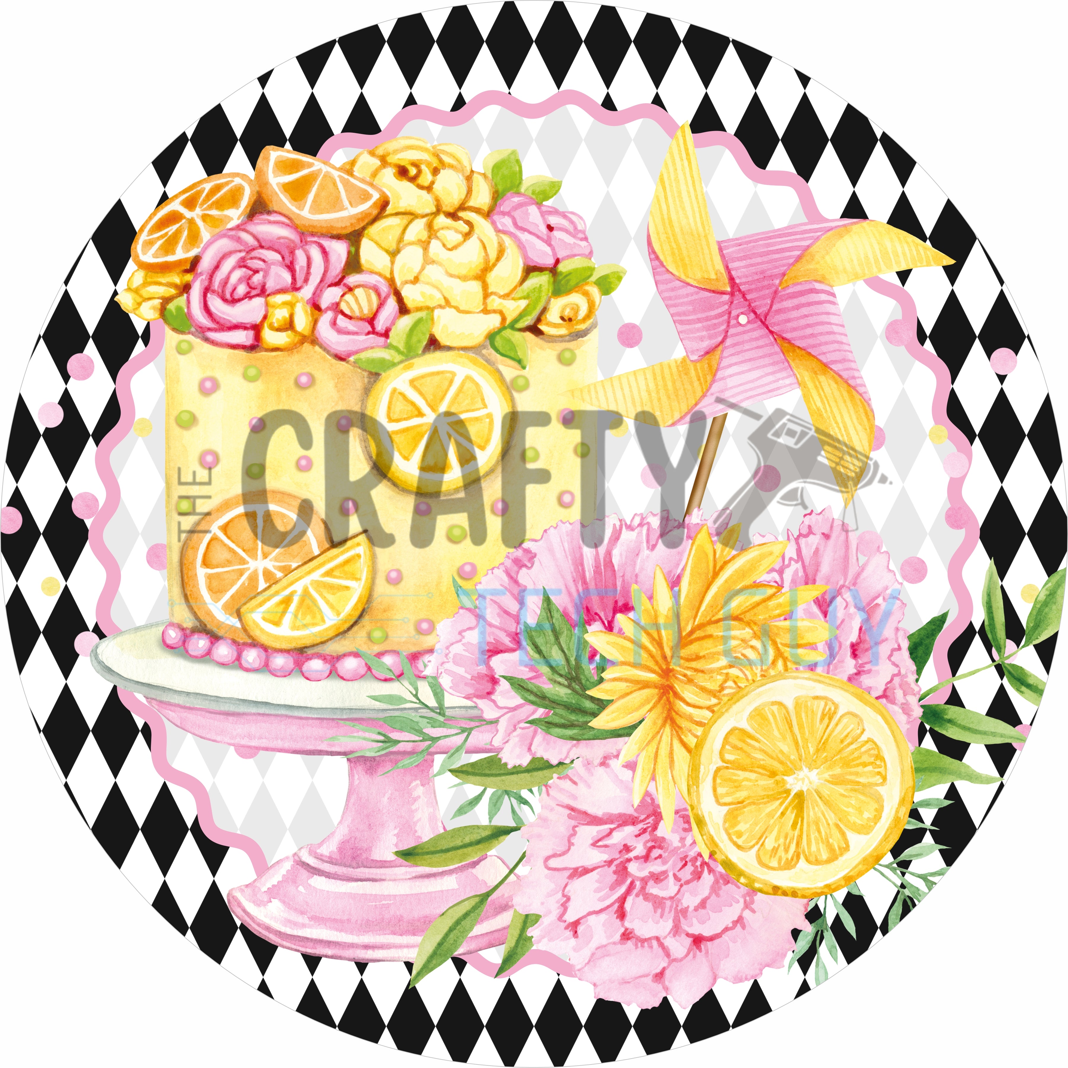 Lemon Cake and Pink Flowers Bakery Round Wreath Sign