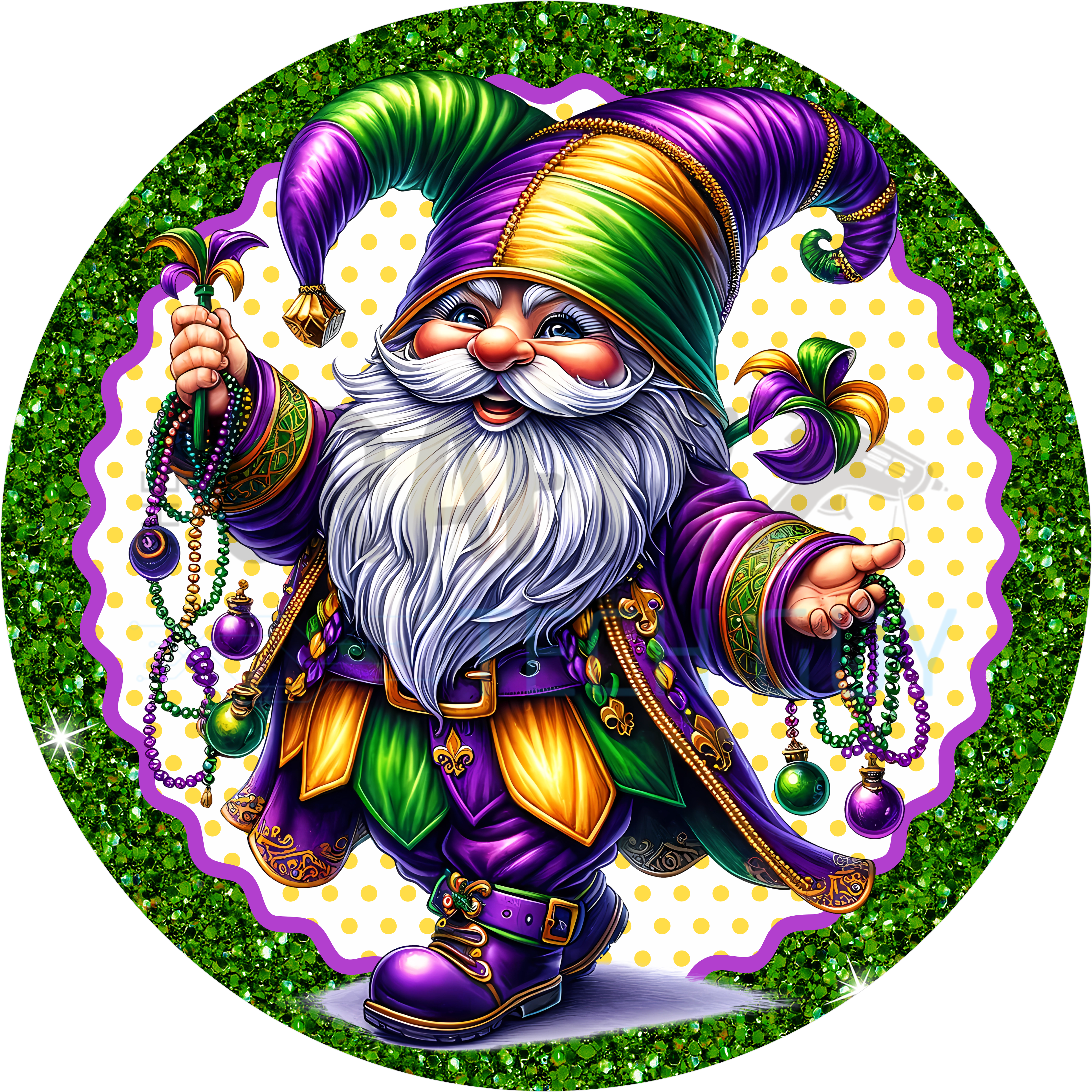 Mardi Gras Gnome Wreath Sign – Festive Round Door Decor with Beads & Glitter Green Border