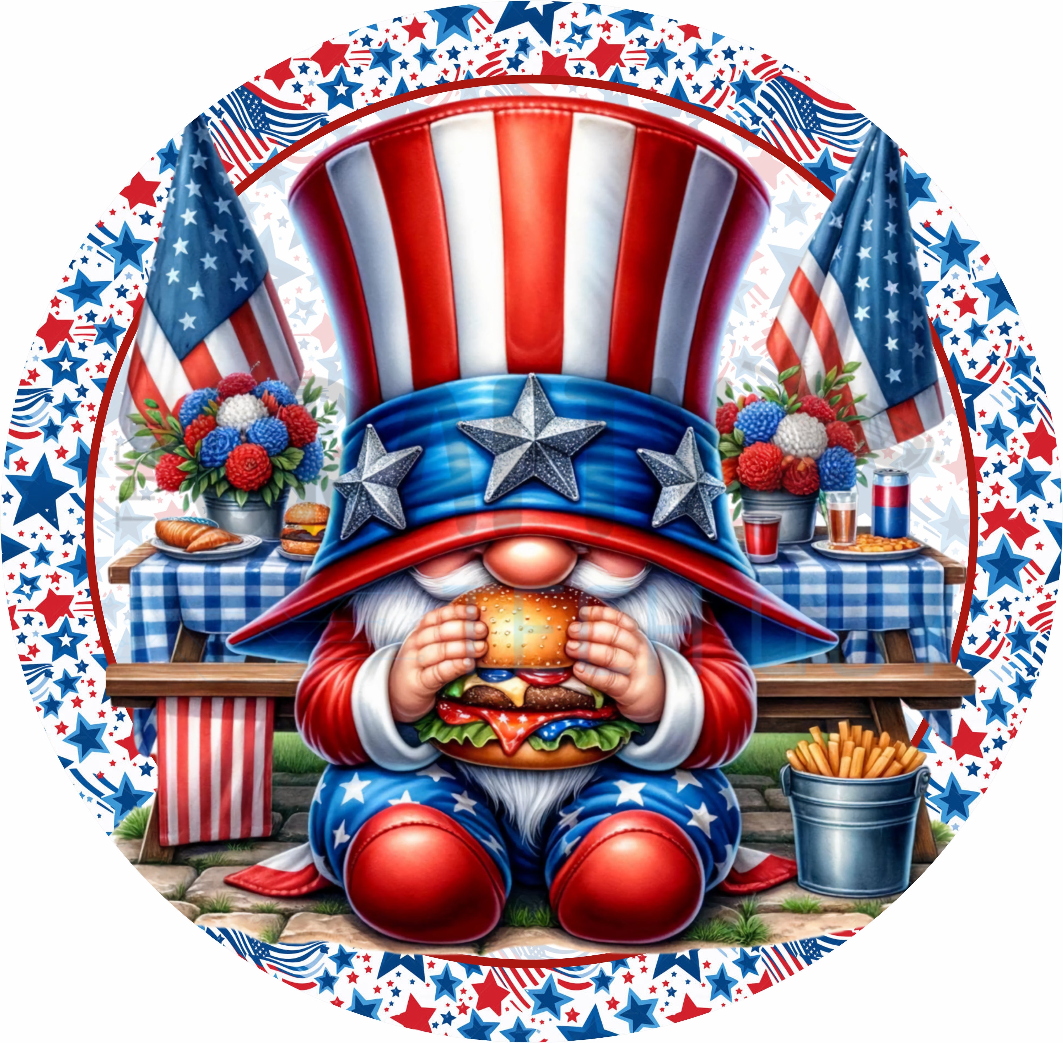 Patriotic Gnome BBQ Round Wreath Sign with Red White and Blue Gnome