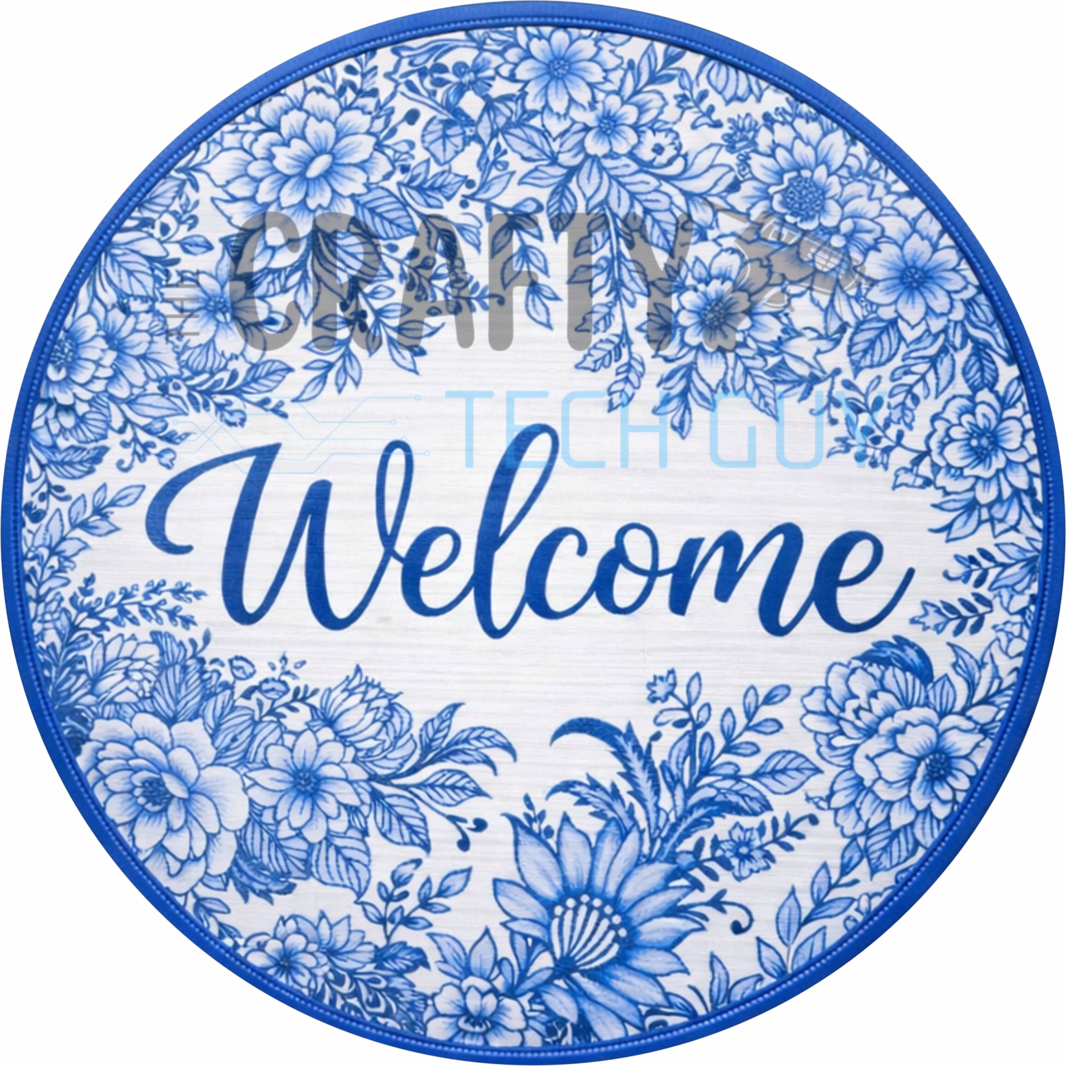Blue Floral Chinoiserie Welcome Round Wreath Sign