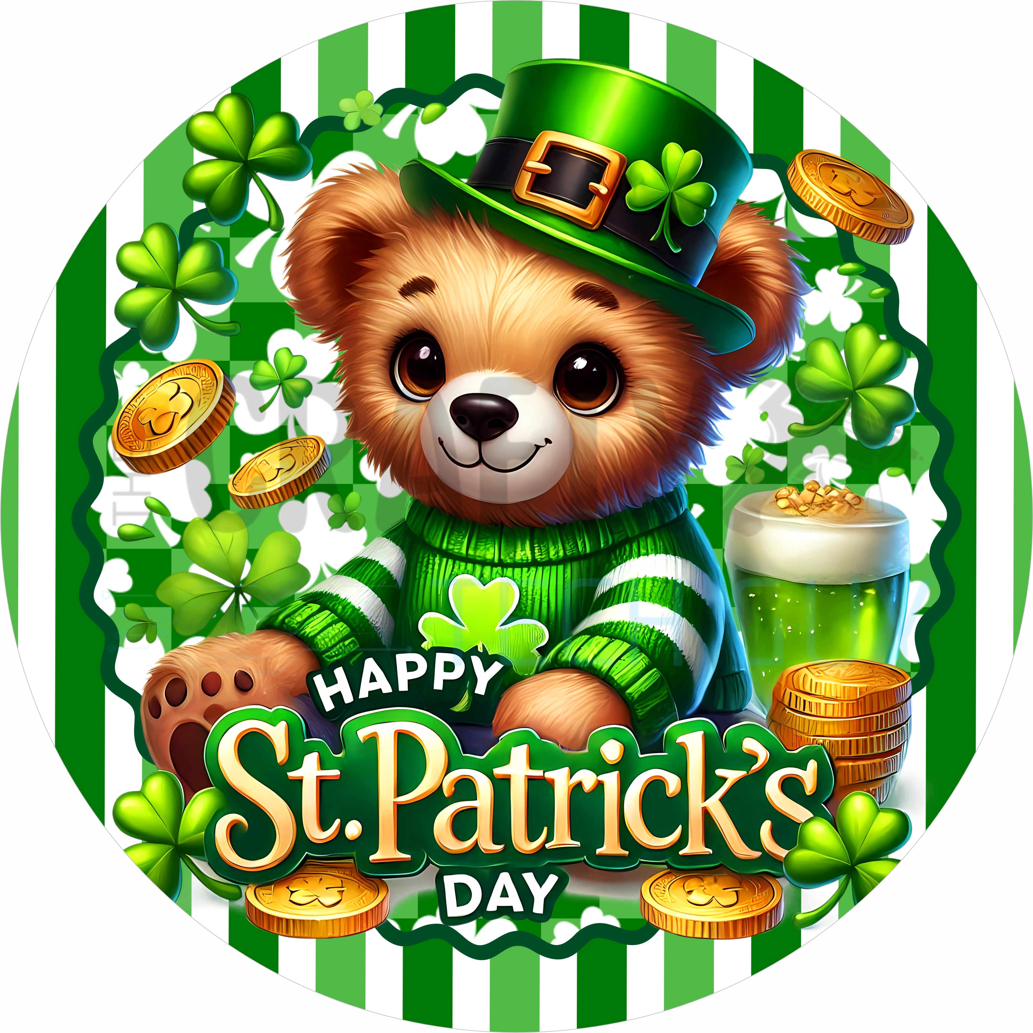 Happy St. Patrick’s Day Teddy Bear Round Wreath Sign with Shamrocks and Gold Coins