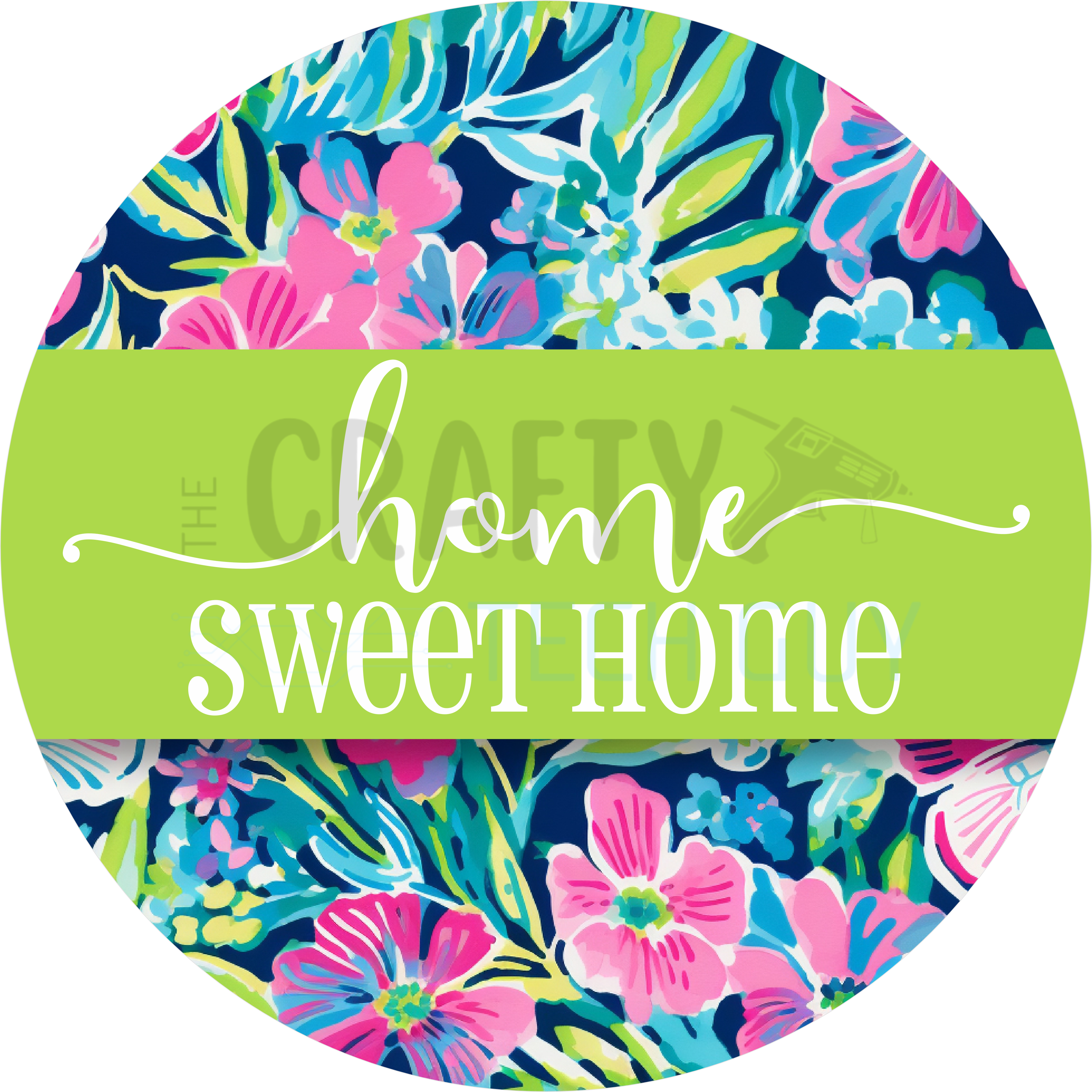 Home Sweet Home Tropical Floral Design | Bright Green and Navy Pattern with Pink Flowers for Colorful Coastal or Summer Home Décor