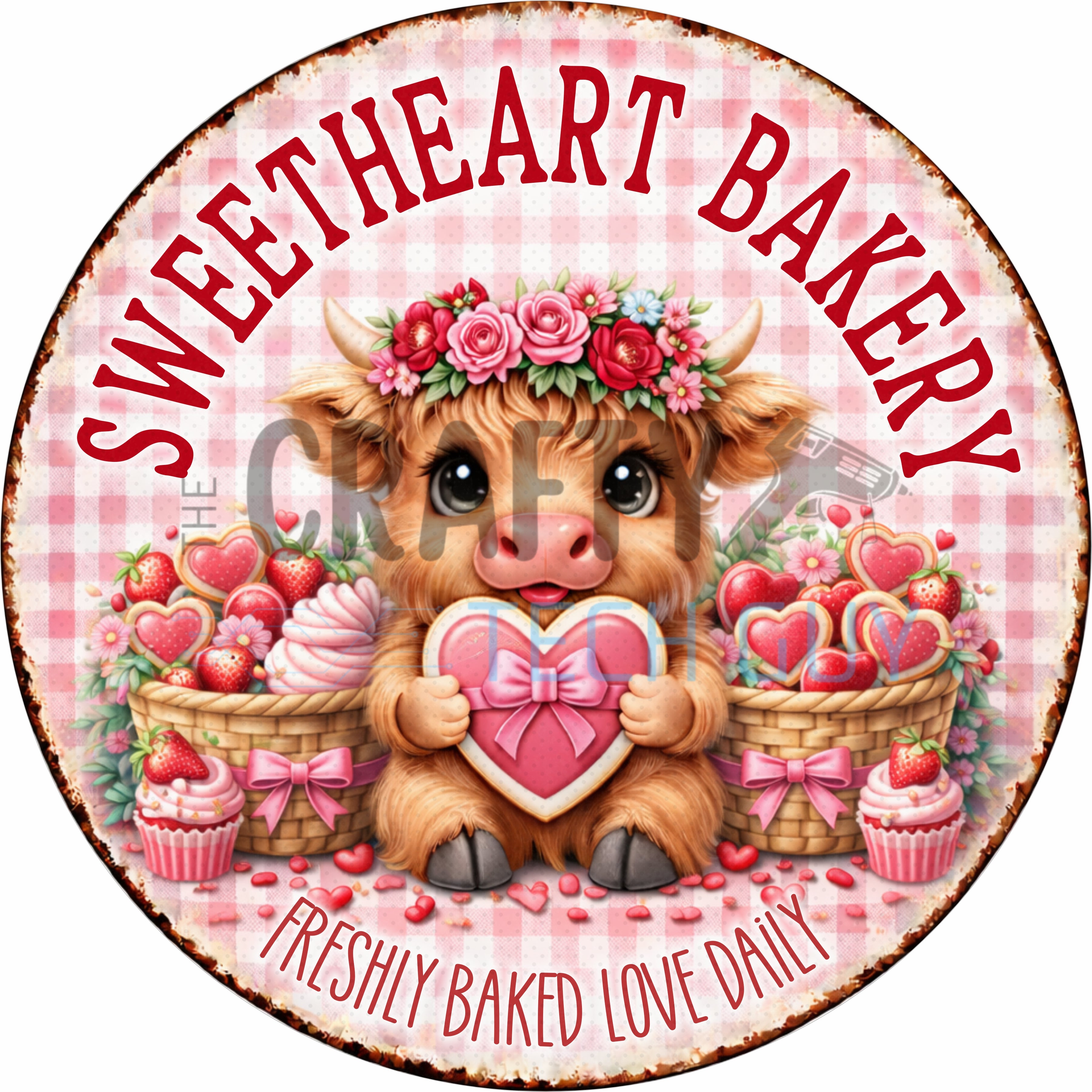 Sweetheart Bakery Valentine Cow Round Wreath Sign