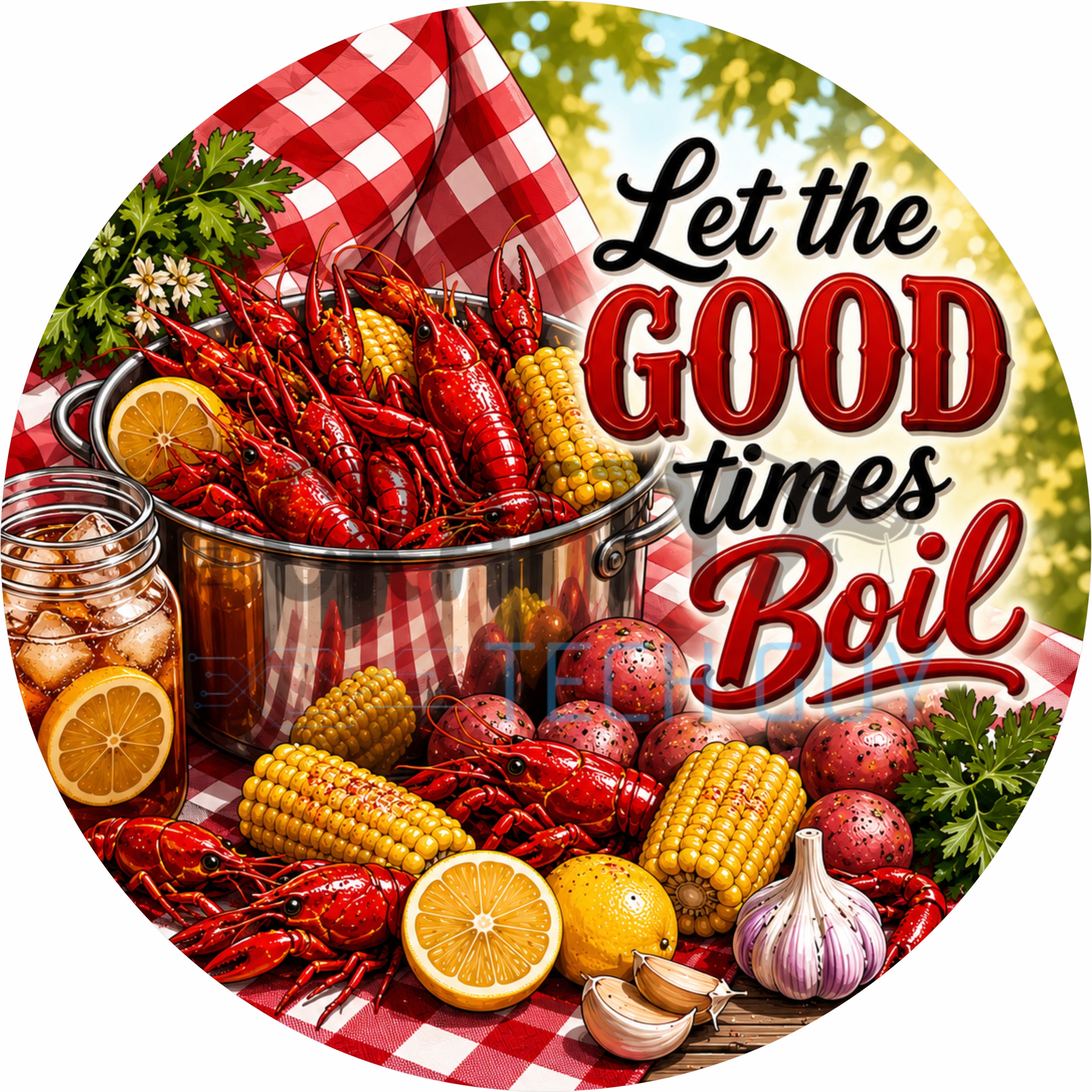Let the Good Times Boil Plaid Round Wreath Sign