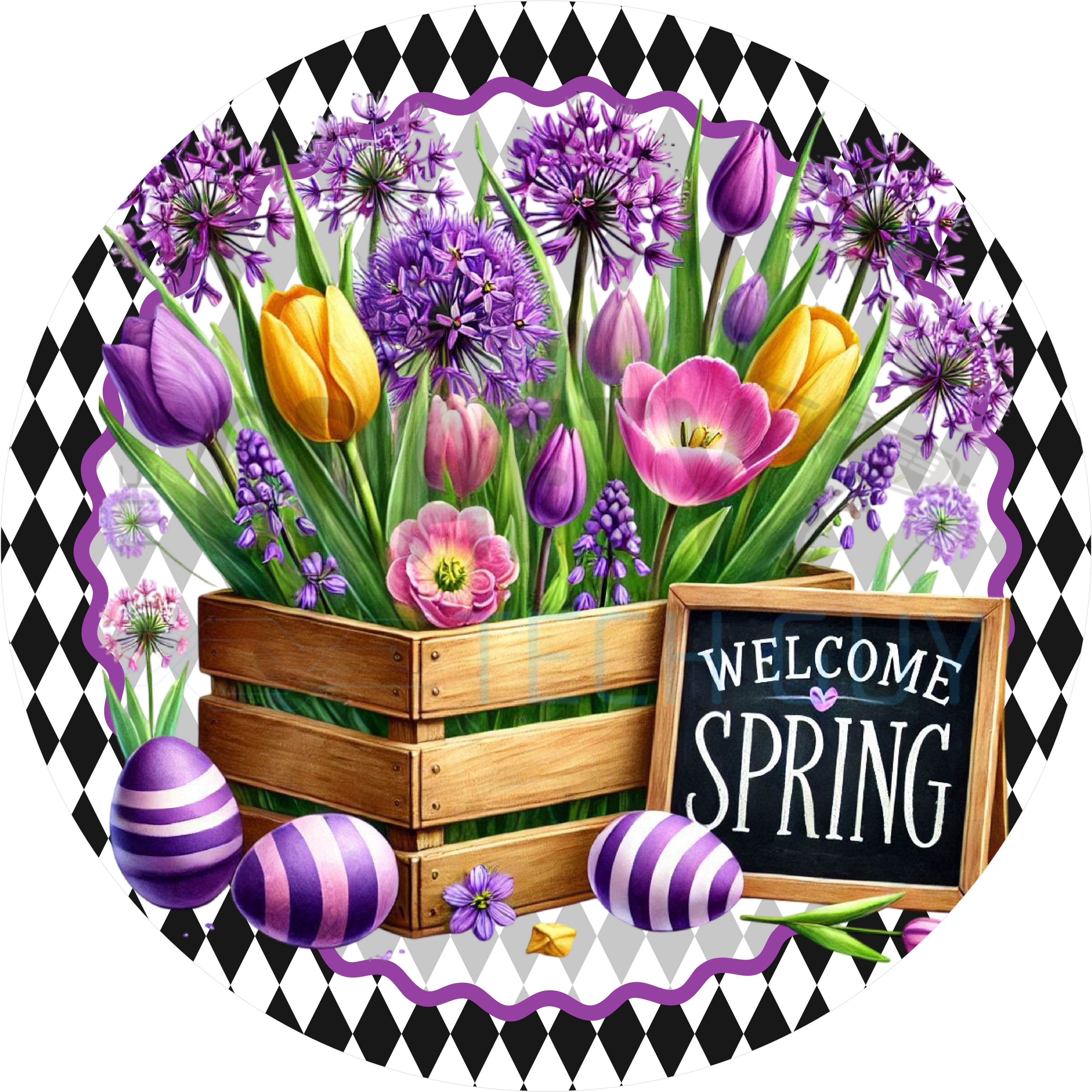 Welcome Spring Floral Crate Round Wreath Sign with Tulips and Easter Eggs
