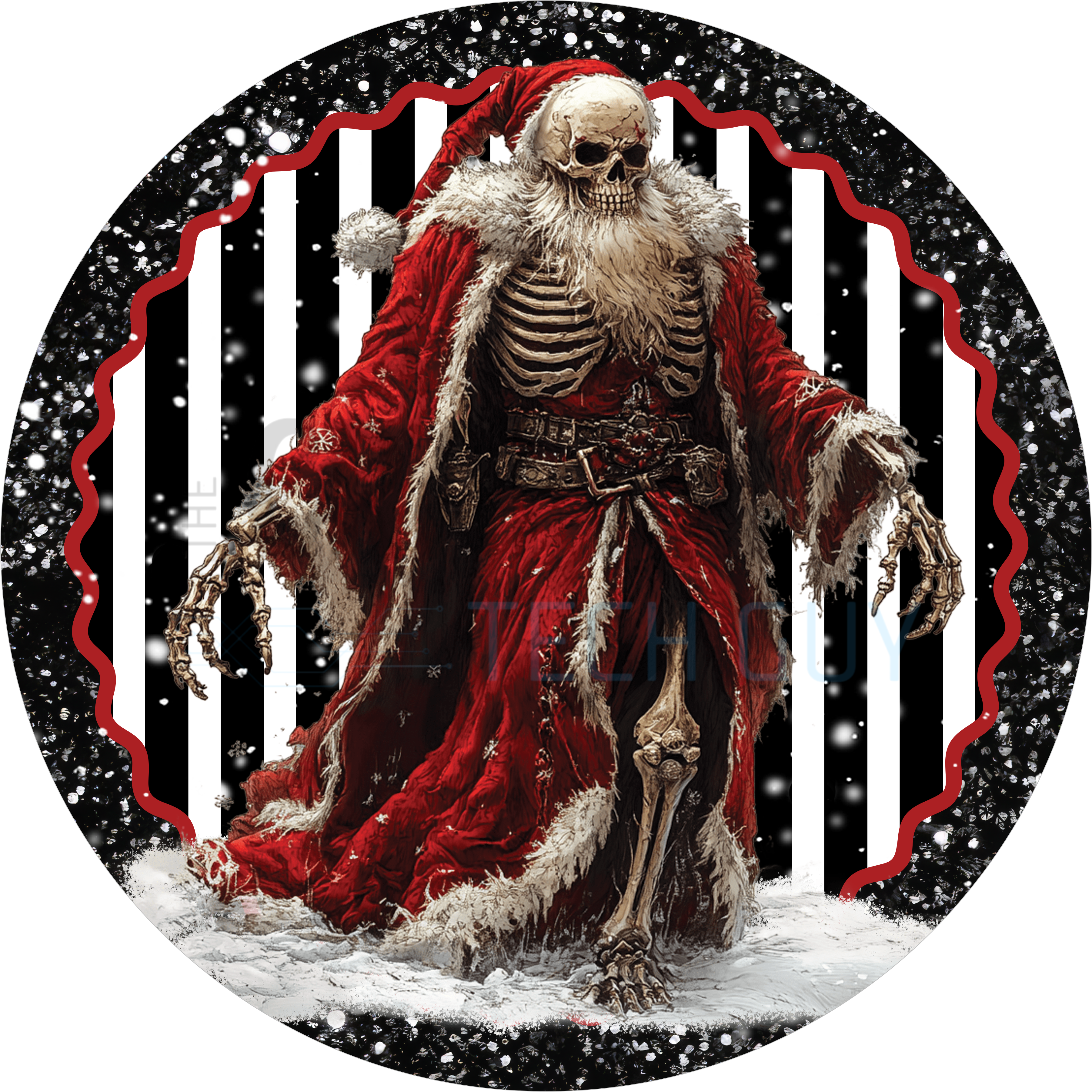 Letrero gótico de Papá Noel con esqueleto, decoración navideña espeluznante  para coronas y puertas, esqueleto navideño oscuro con fondo rayado., image size:3603x3603