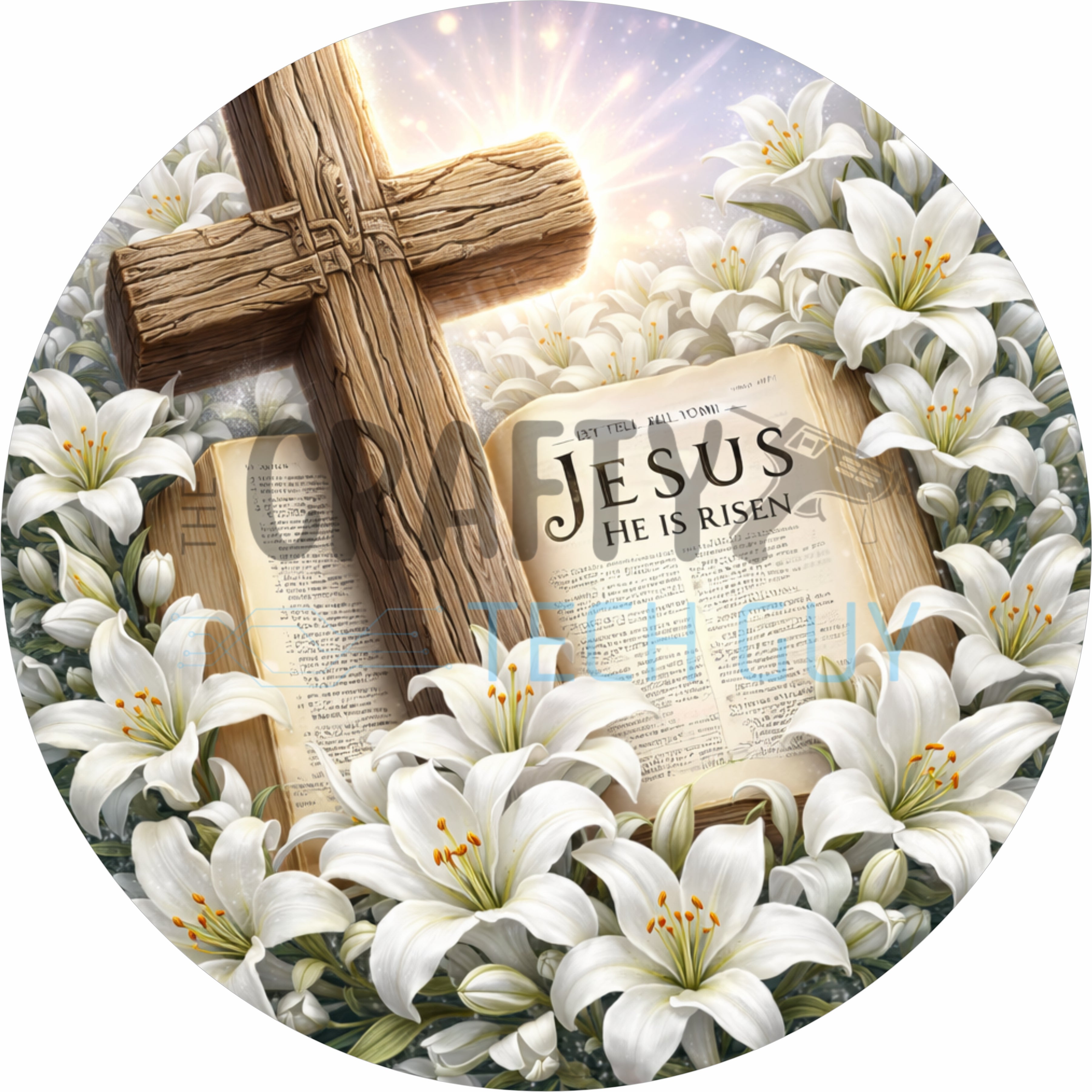 Jesus He Is Risen Easter Cross Floral Round Wreath Sign