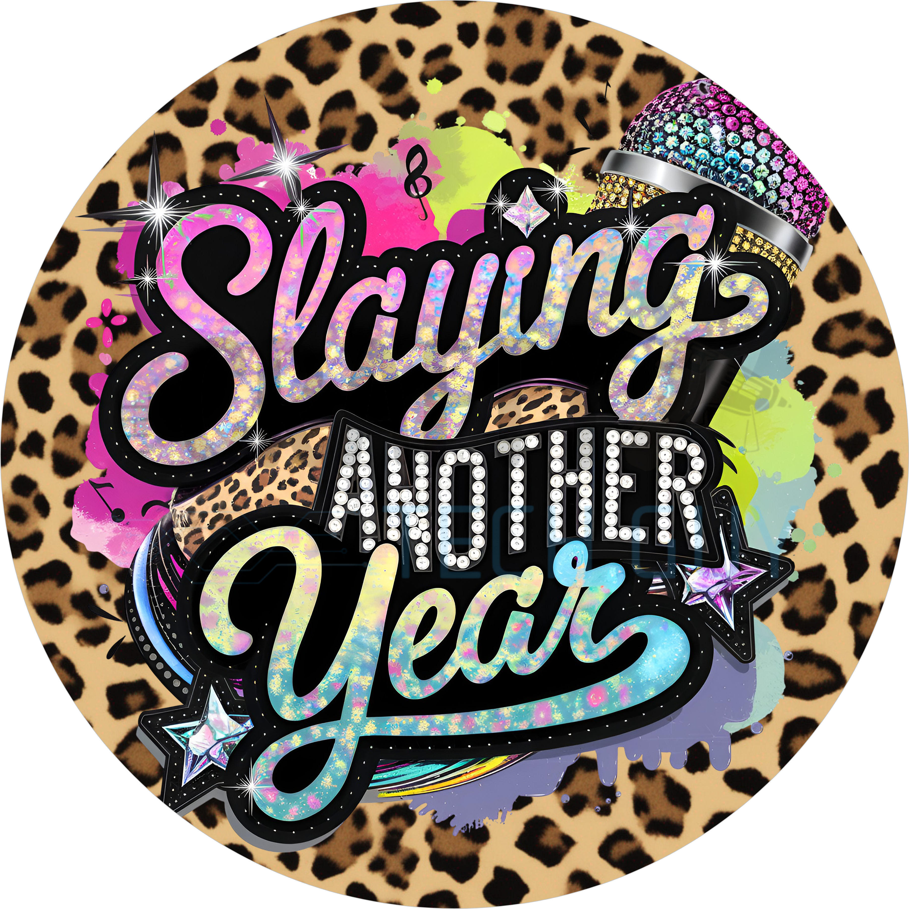 Slaying Another Year Birthday Wreath Sign – Glam Leopard Print Door Decor with Sparkle & Microphone