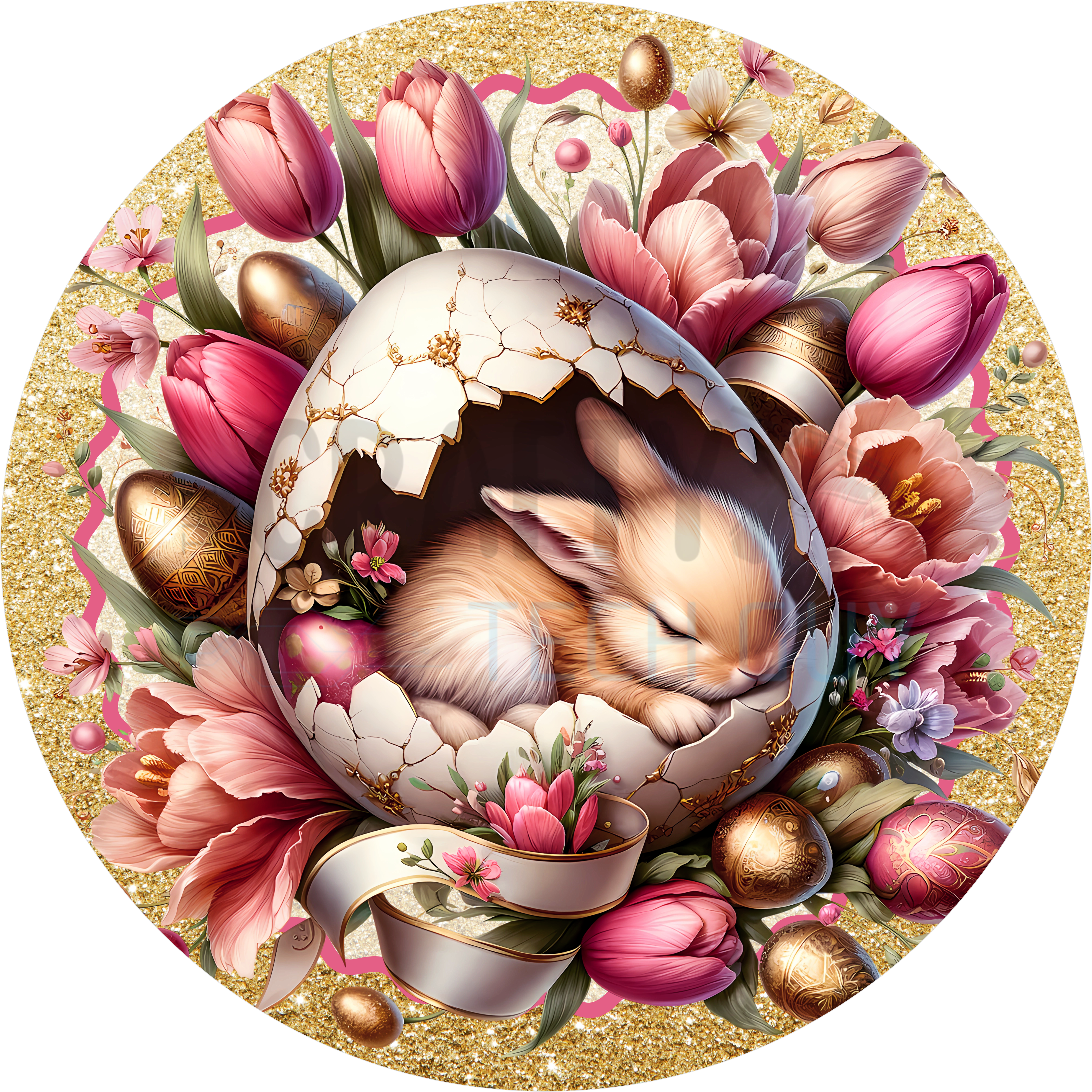 Sleeping Bunny in Egg Floral Spring Sign – Pink & Gold Easter Décor