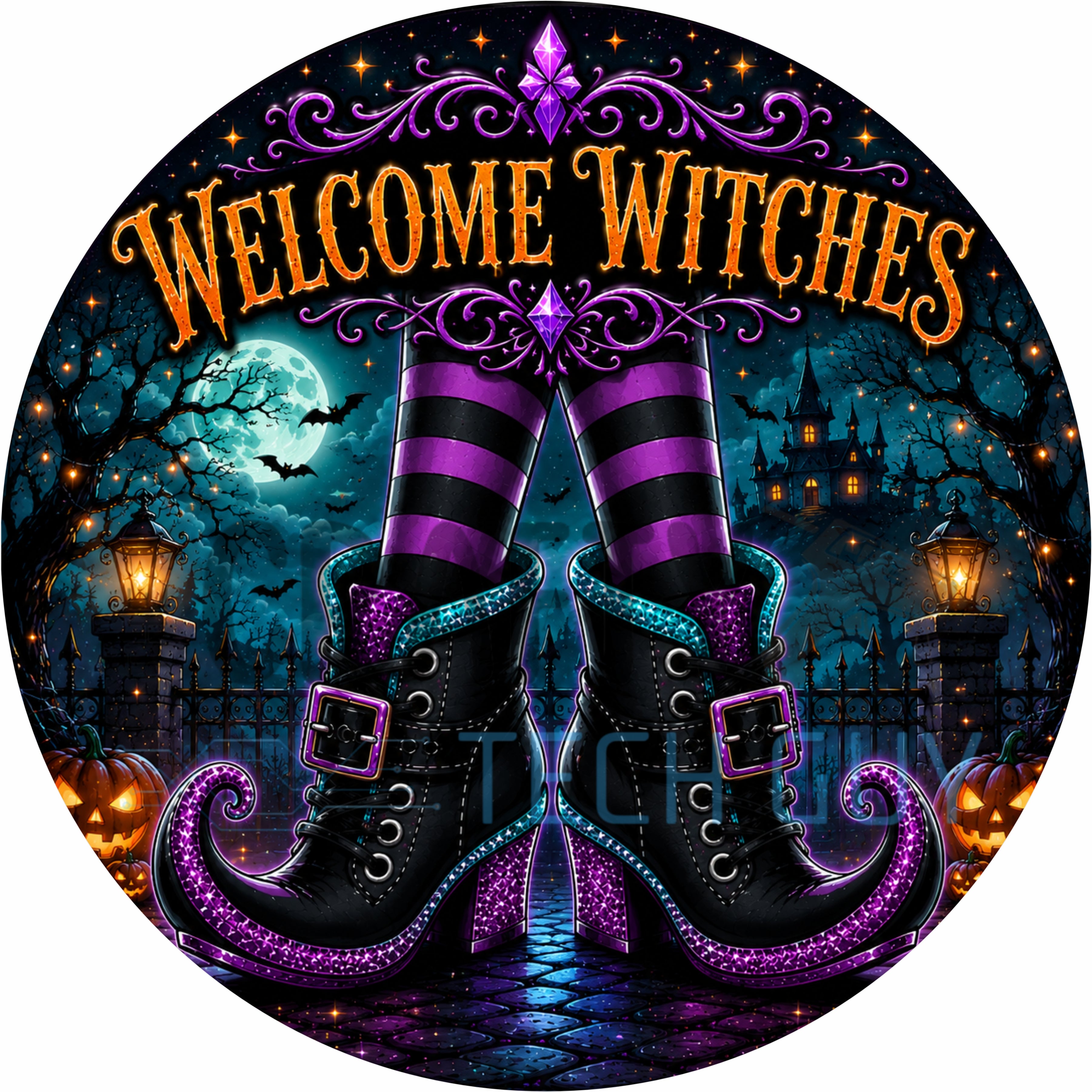 Welcome Witches Purple Glitter Boots Halloween Round Wreath Sign