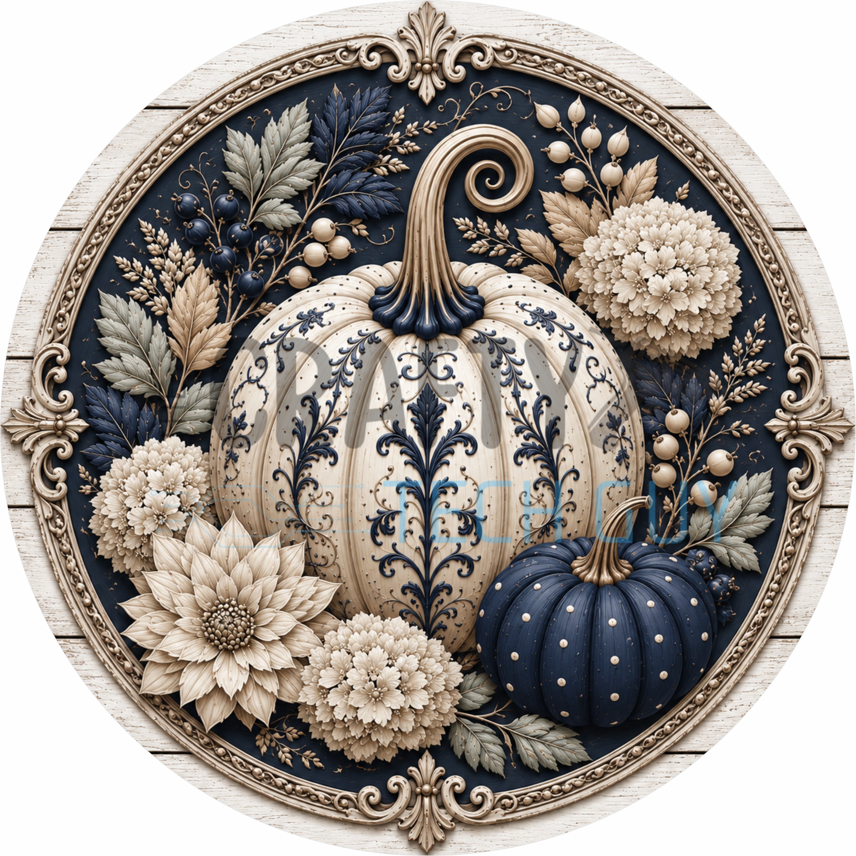 Vintage Blue Damask Pumpkin Round Wreath Sign