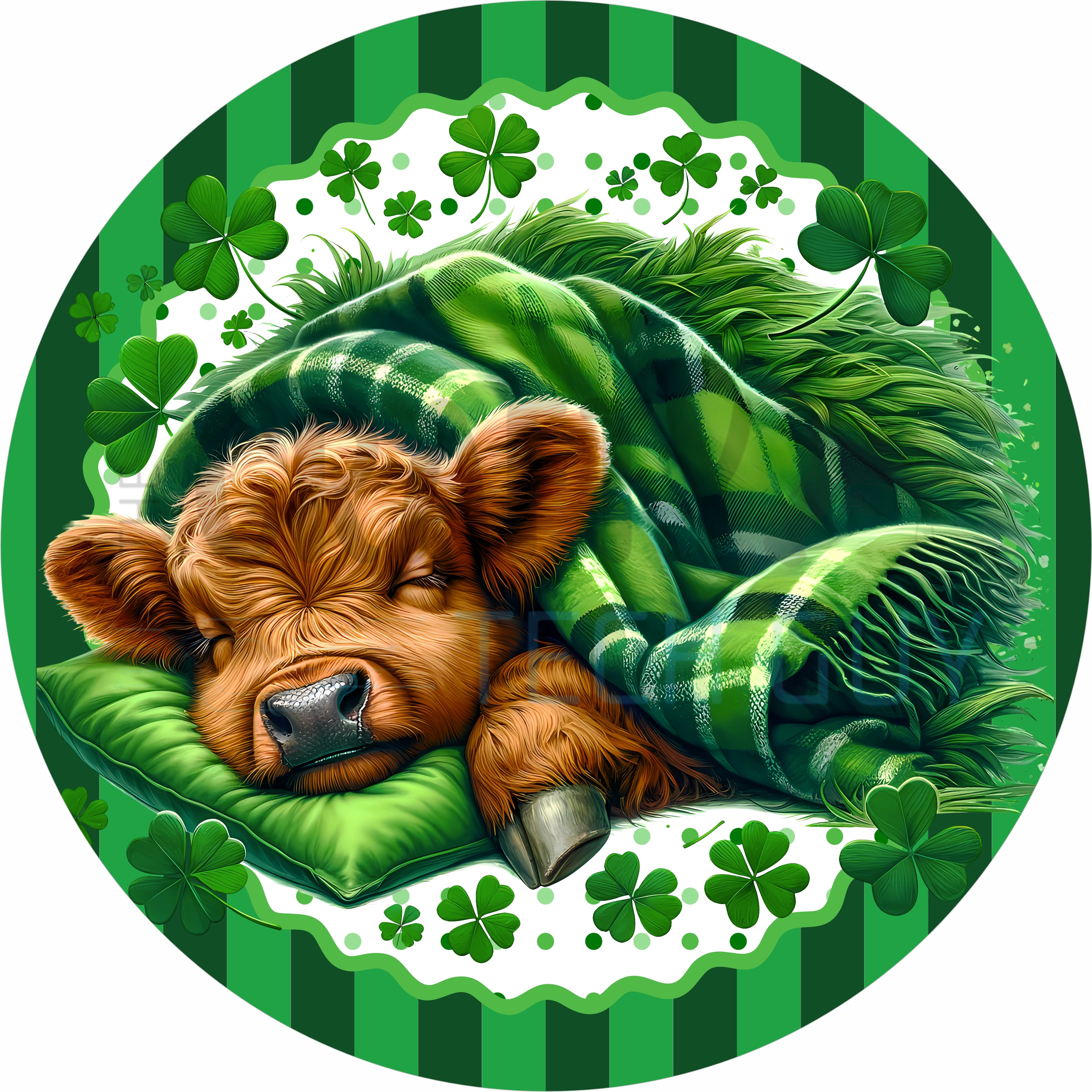 St. Patrick’s Day Sleeping Highland Cow Round Wreath Sign with Shamrocks and Green Plaid