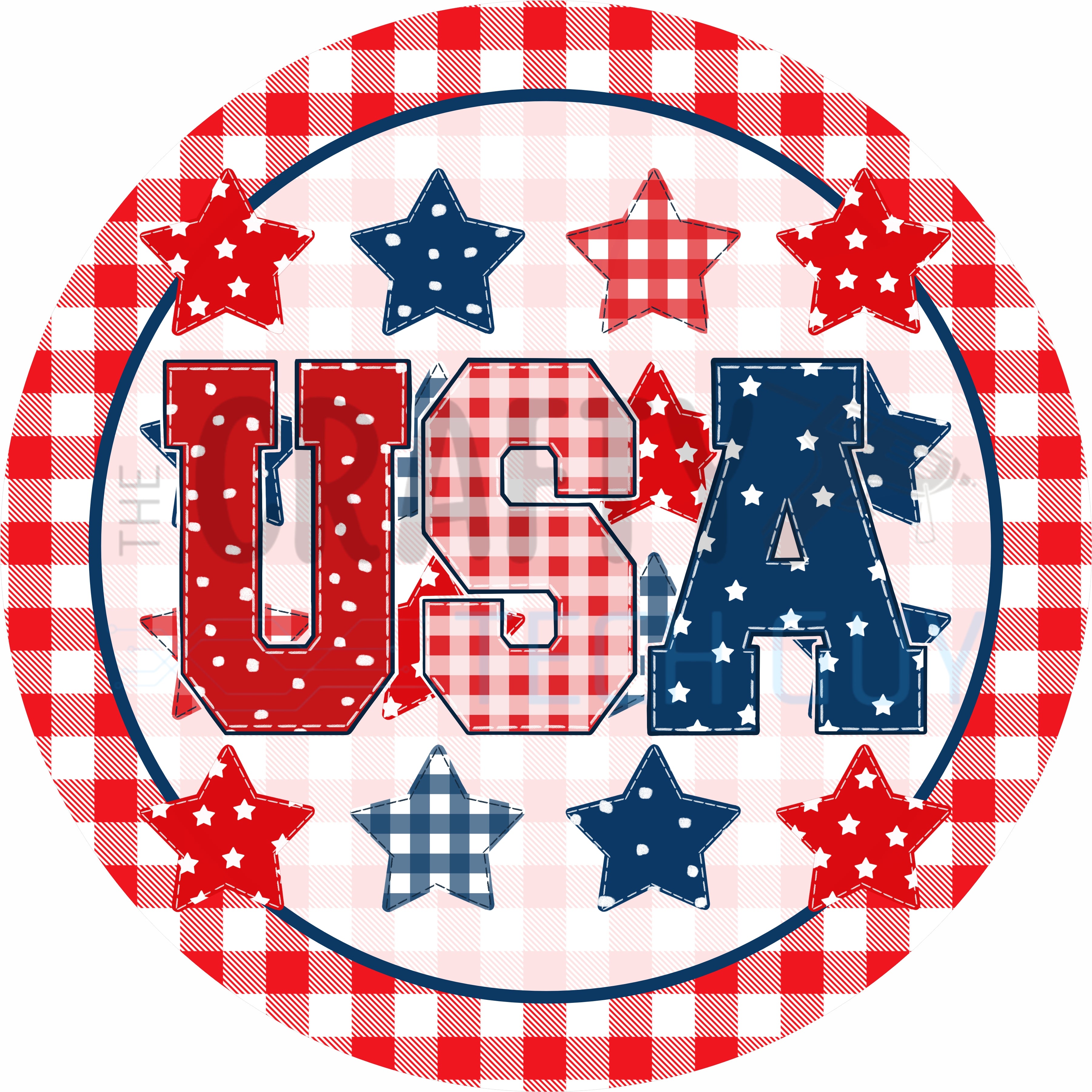 USA Patriotic Round Wreath Sign with Red White and Blue Stars and Gingham