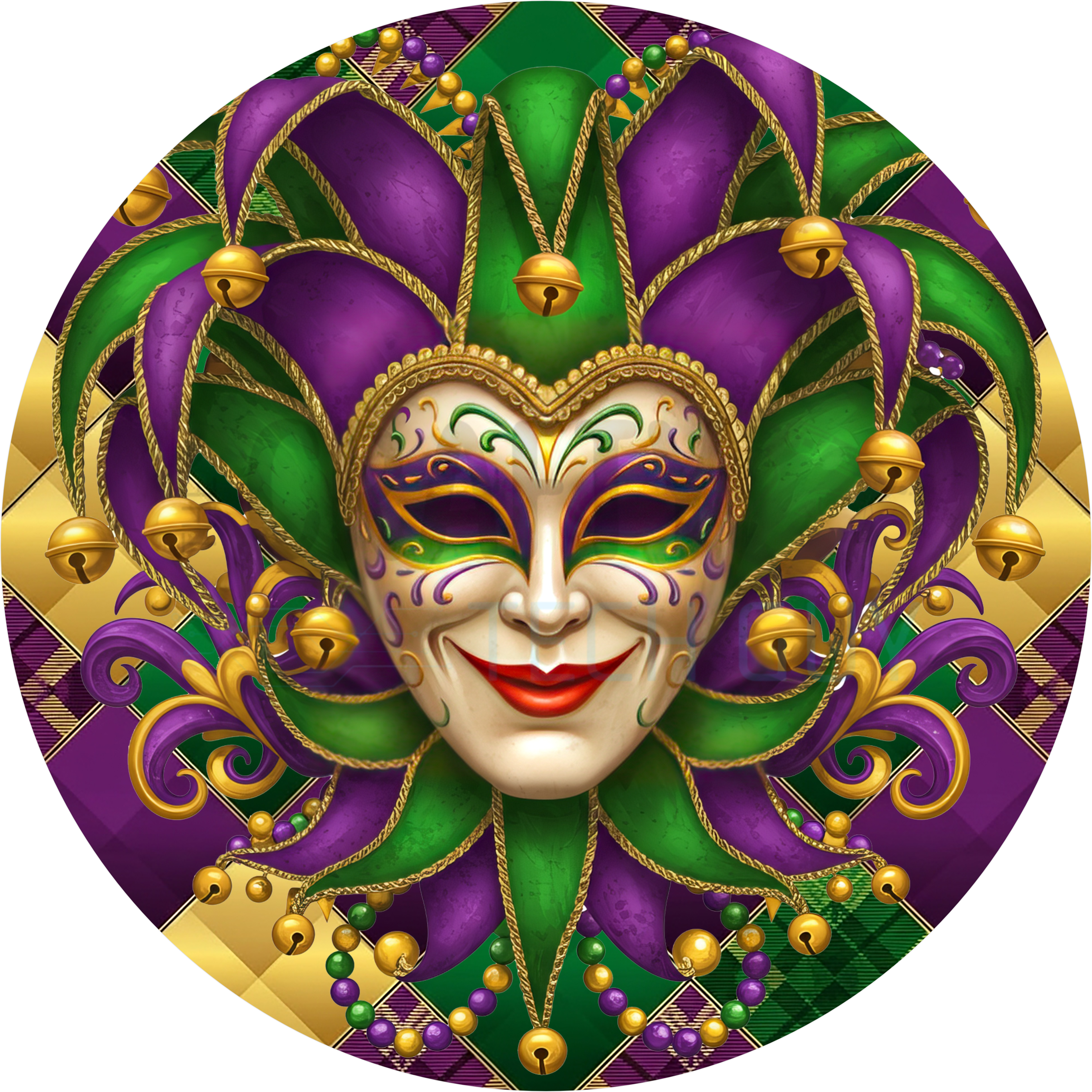 Mardi Gras Jester Mask Wreath Sign – Gold, Purple & Green Decor
