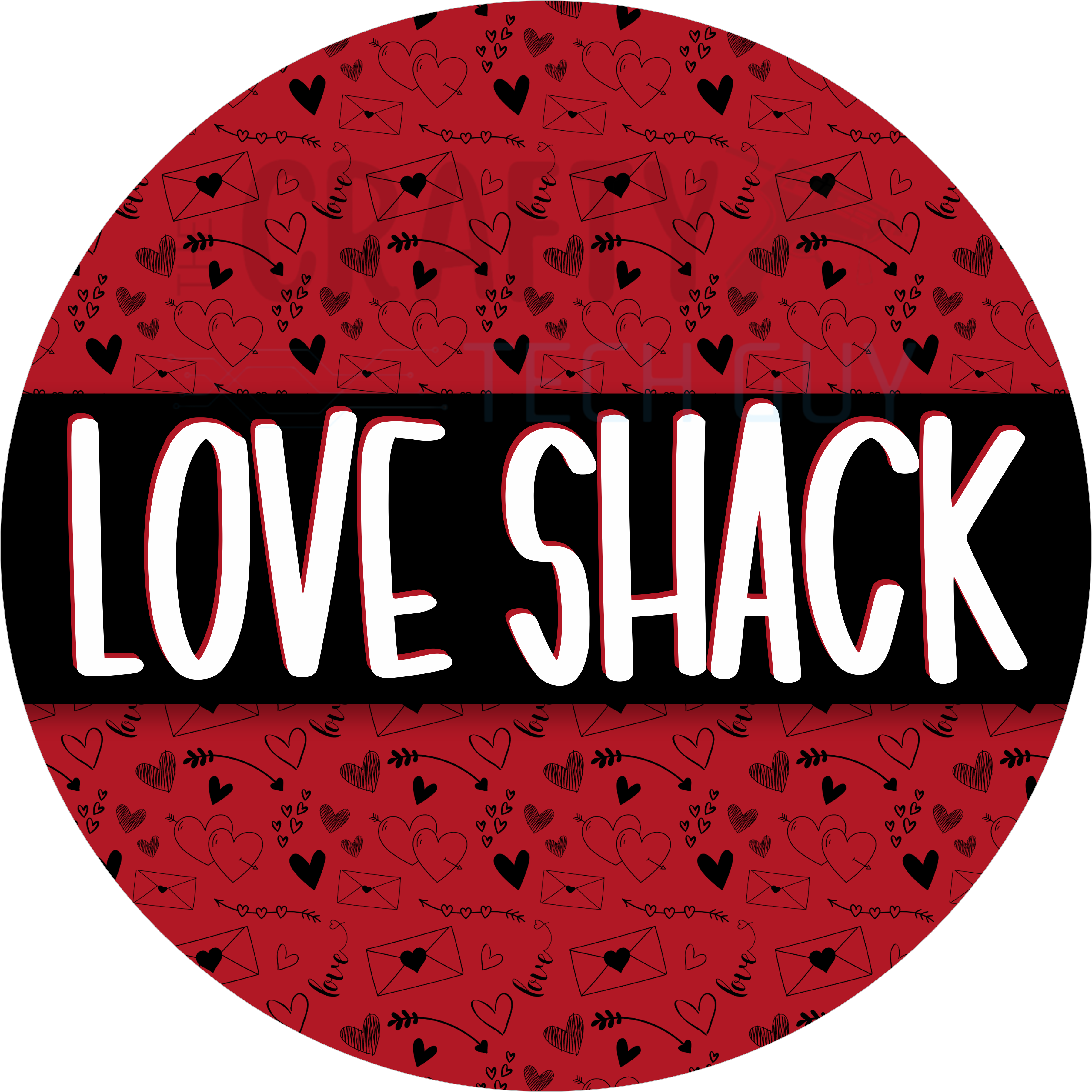Love Shack Valentine Wreath Sign – Red and Black Heart Pattern Round Door Decor