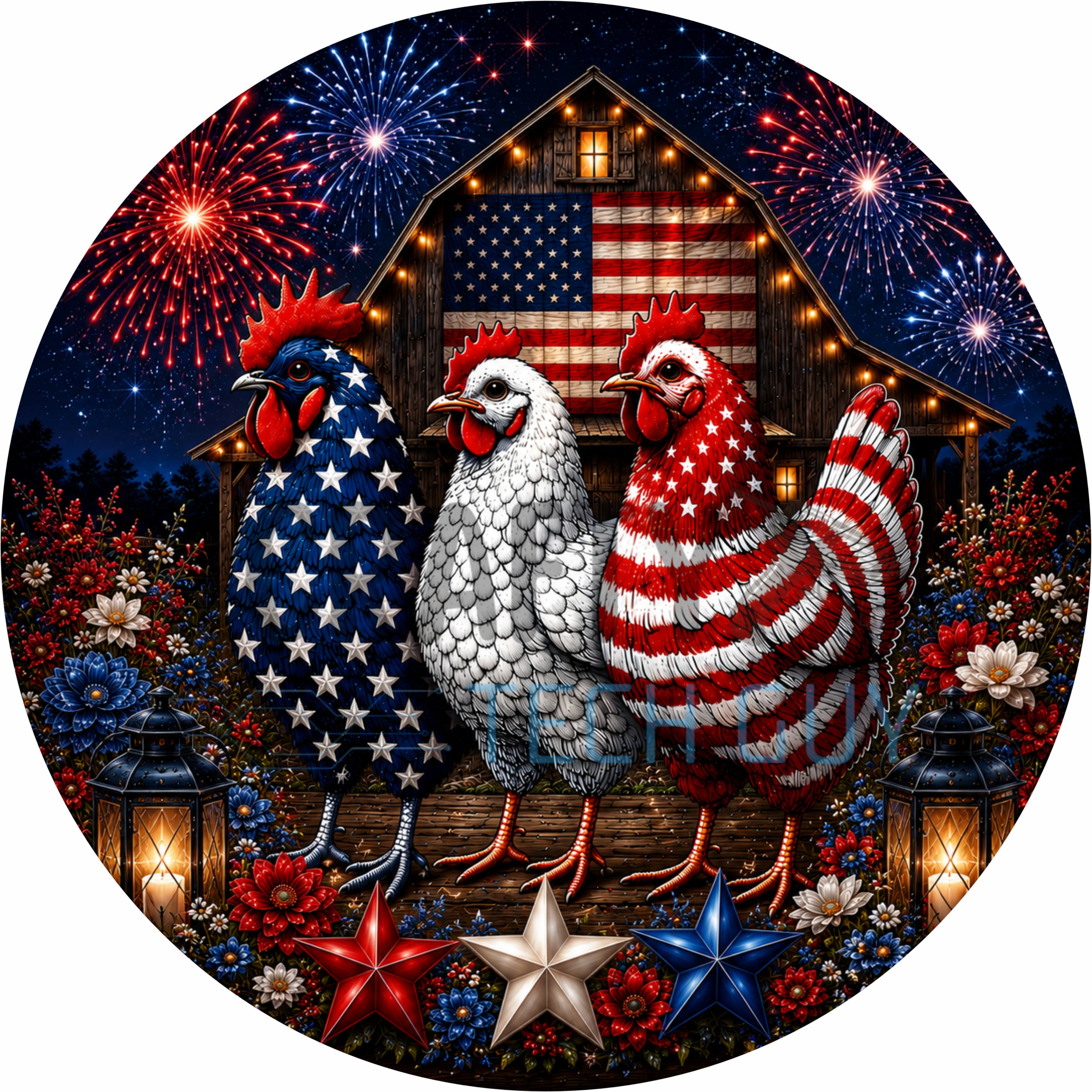 Patriotic Barnyard Chickens Fireworks Round Wreath Sign