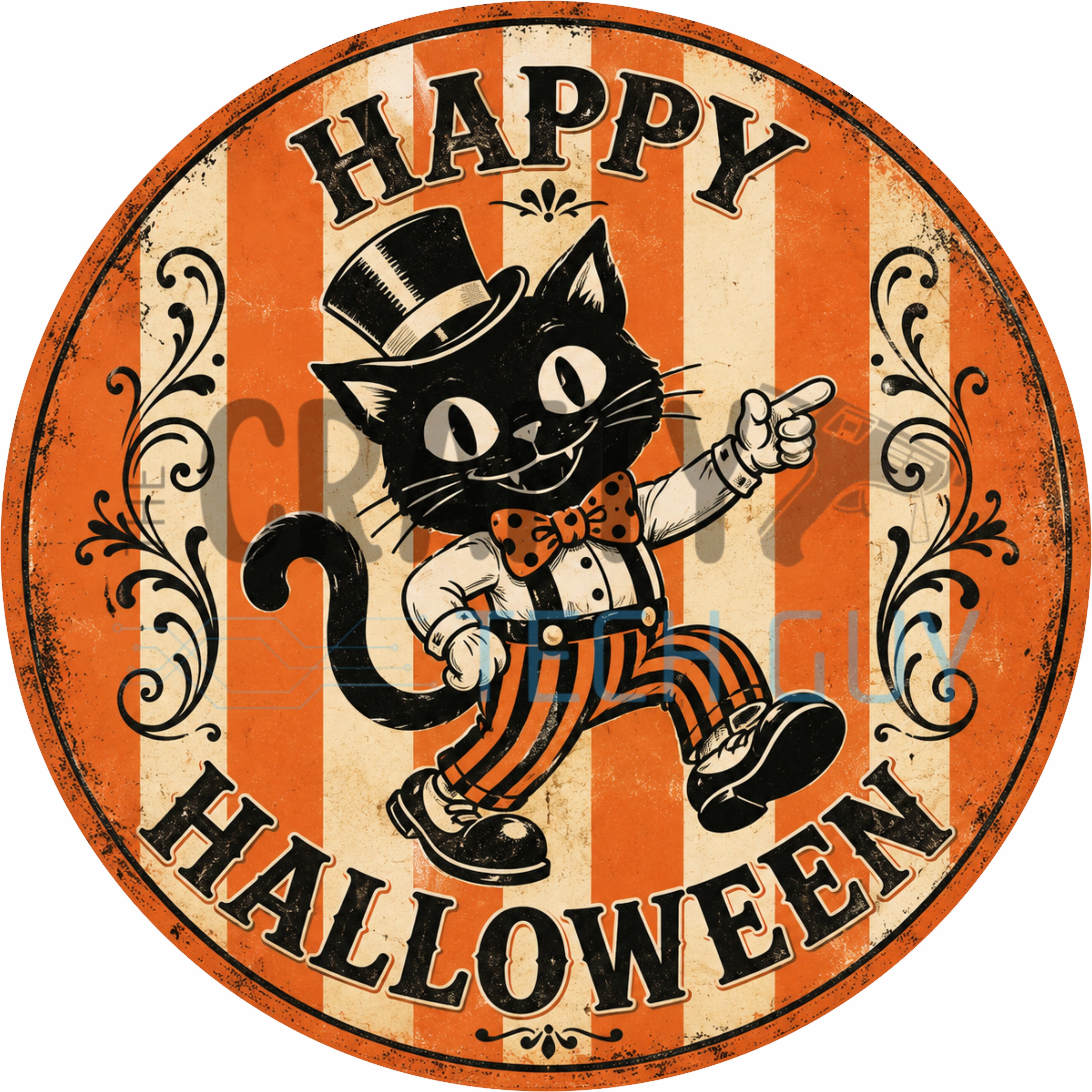 Happy Halloween Dancing Vintage Black Cat Round Wreath Sign