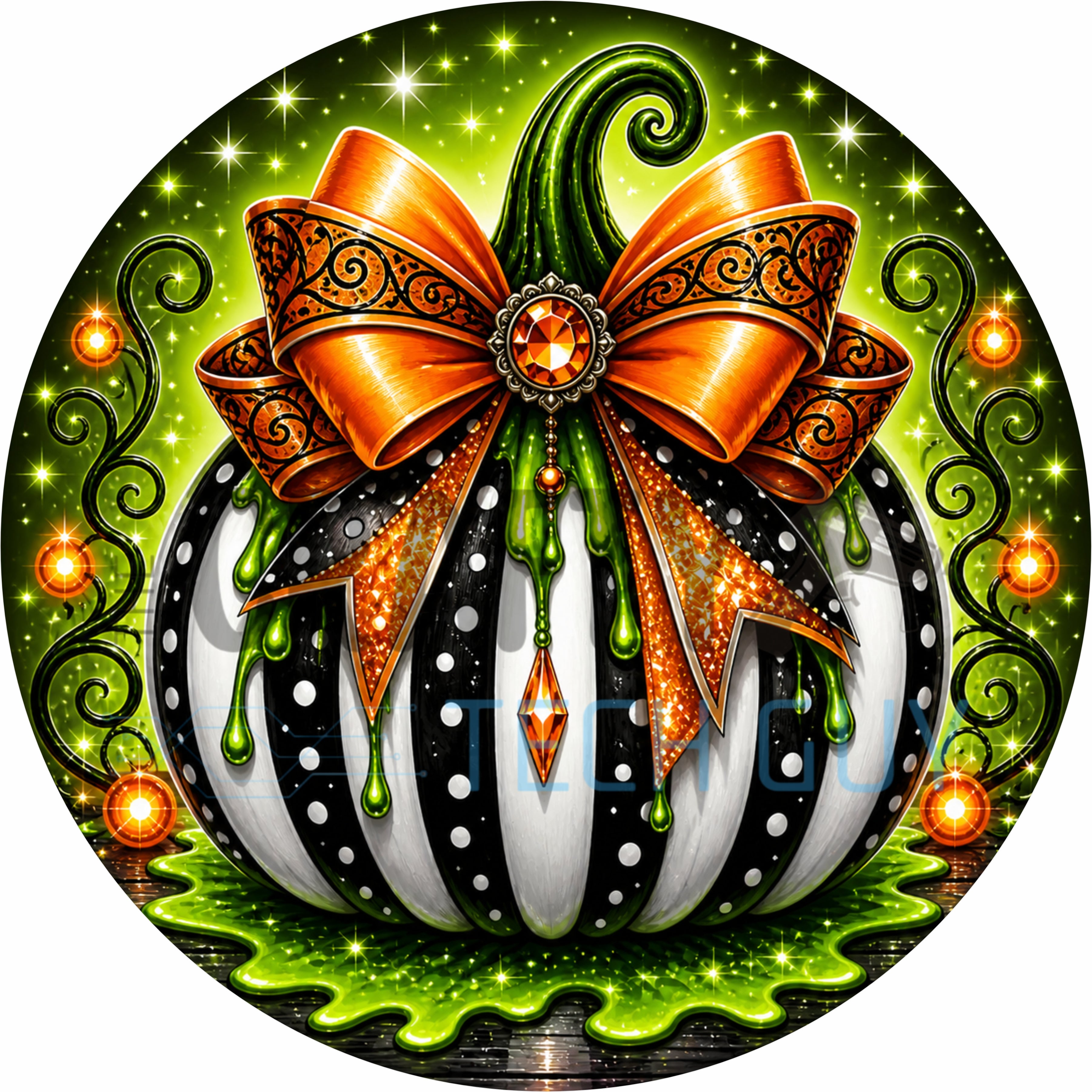 Black and White Polka Dot Pumpkin Halloween Round Wreath Sign