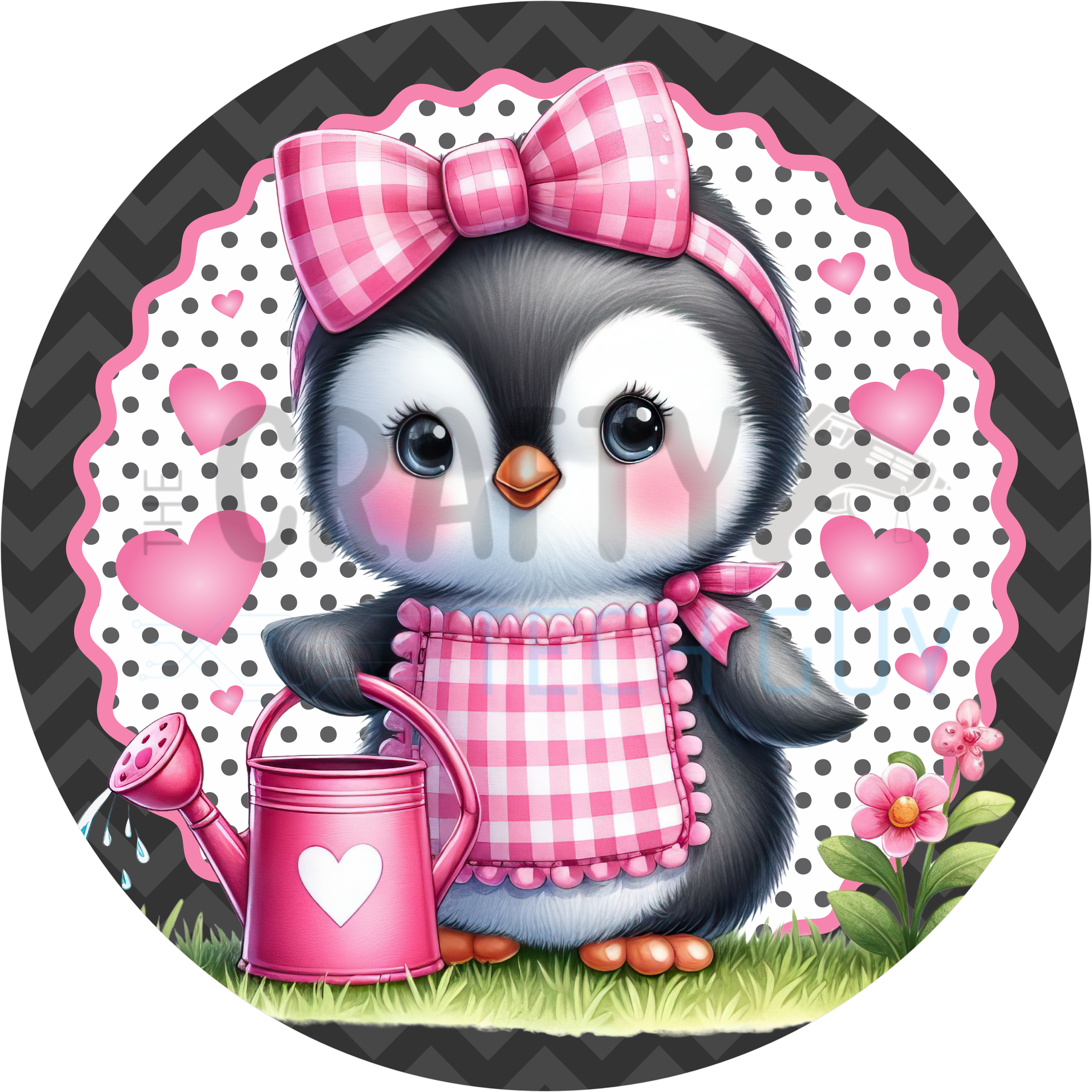 Valentine Pink Gingham Penguin Round Wreath Sign