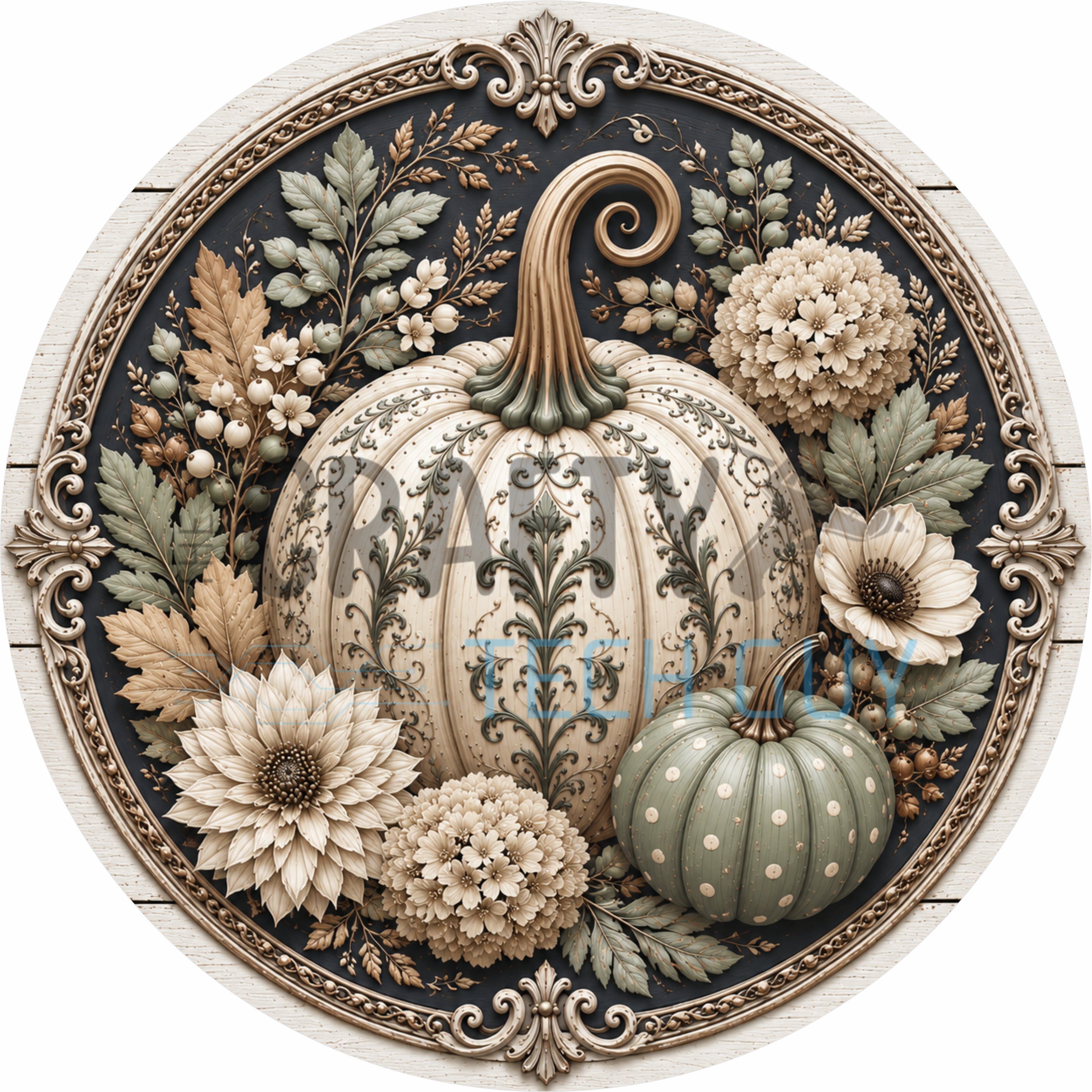 Vintage Sage Damask Pumpkin Round Wreath Sign