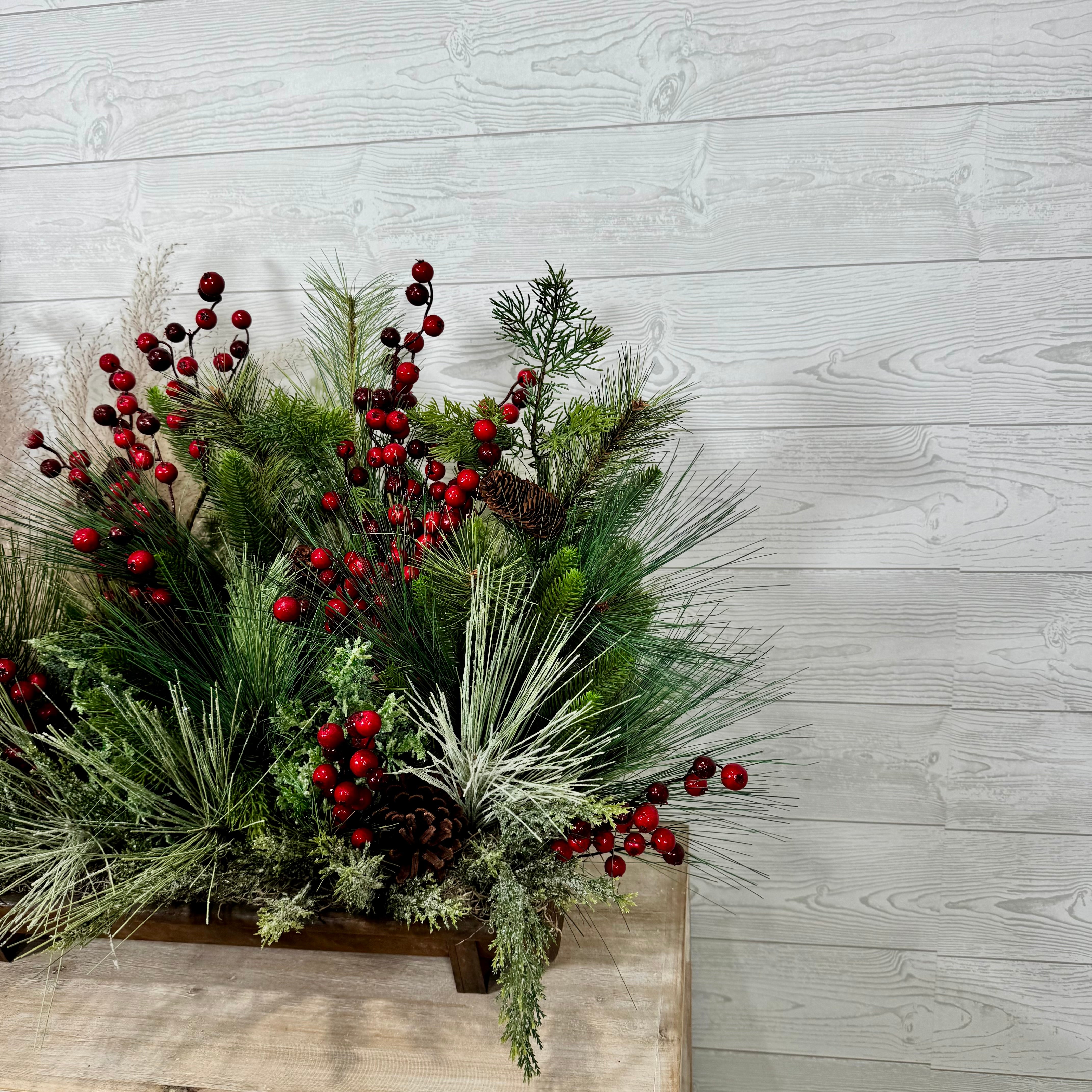 Rustic Woodland Christmas Centerpiece, Red Berry and Pine Arrangement with Pampas Grass, Winter Farmhouse Holiday Decor