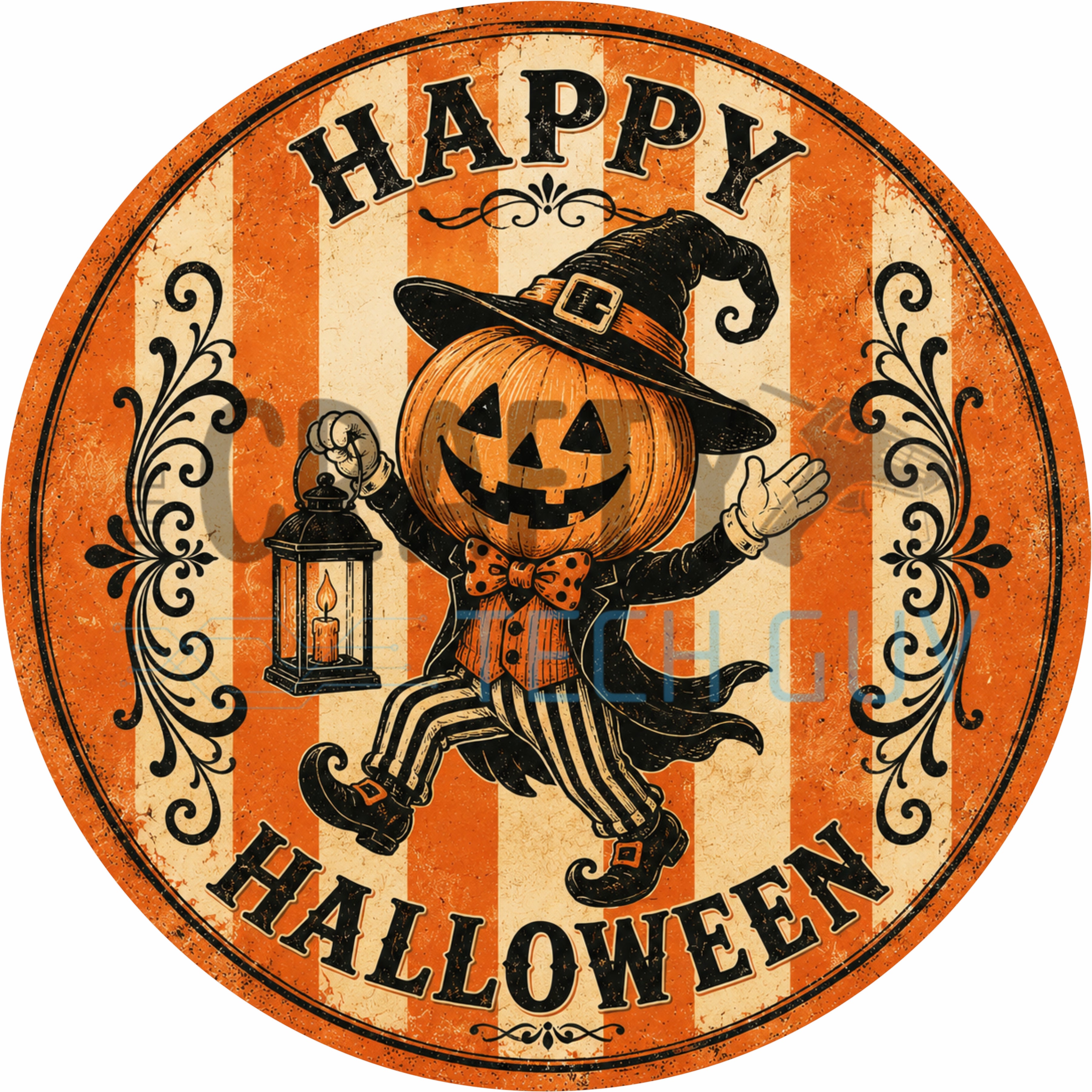 Happy Halloween Vintage Pumpkin Man Round Wreath Sign