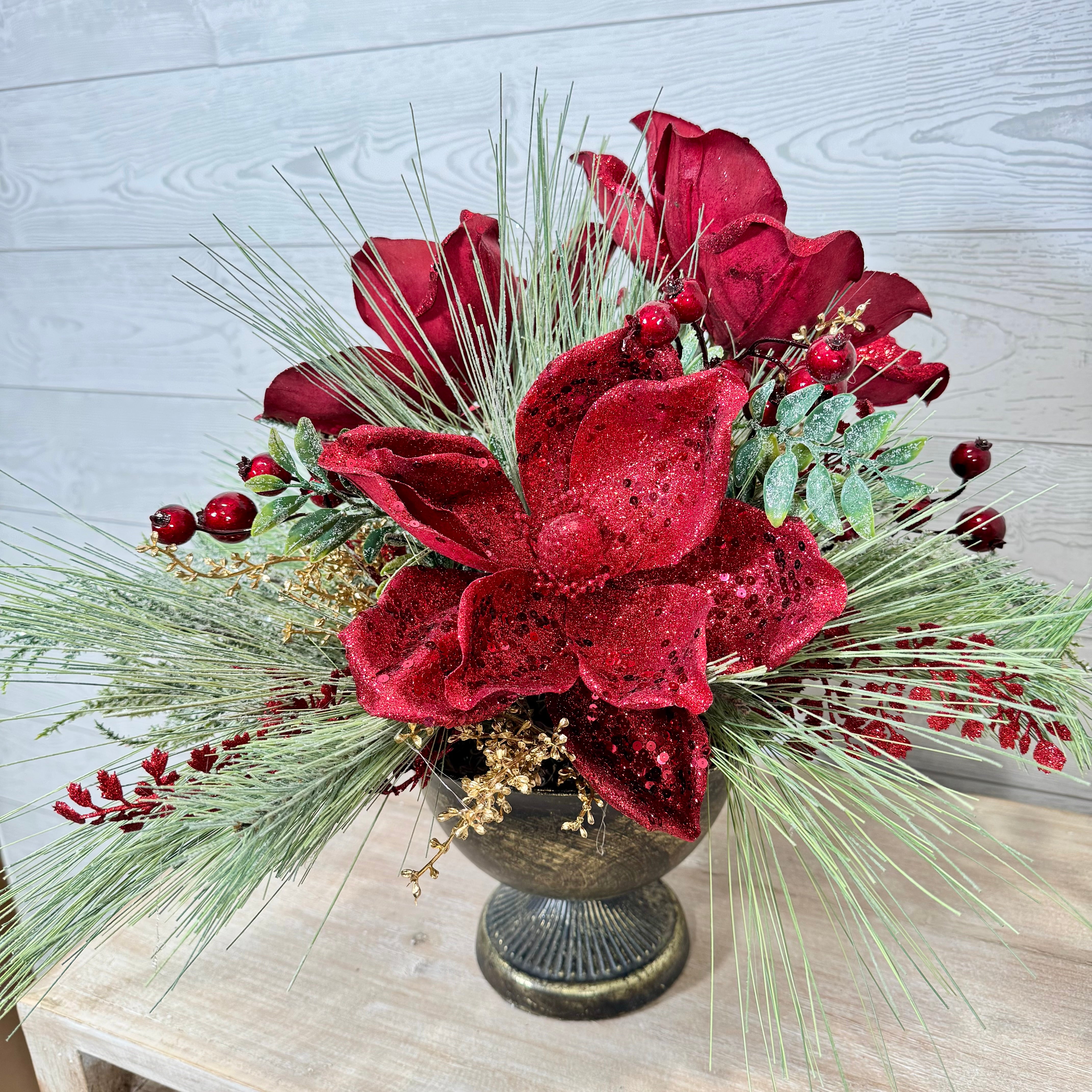 Elegant Red Magnolia Christmas Centerpiece, Holiday Floral Arrangement with Velvet Blooms, Winter Greenery & Berries, Luxury Christmas Table Decor