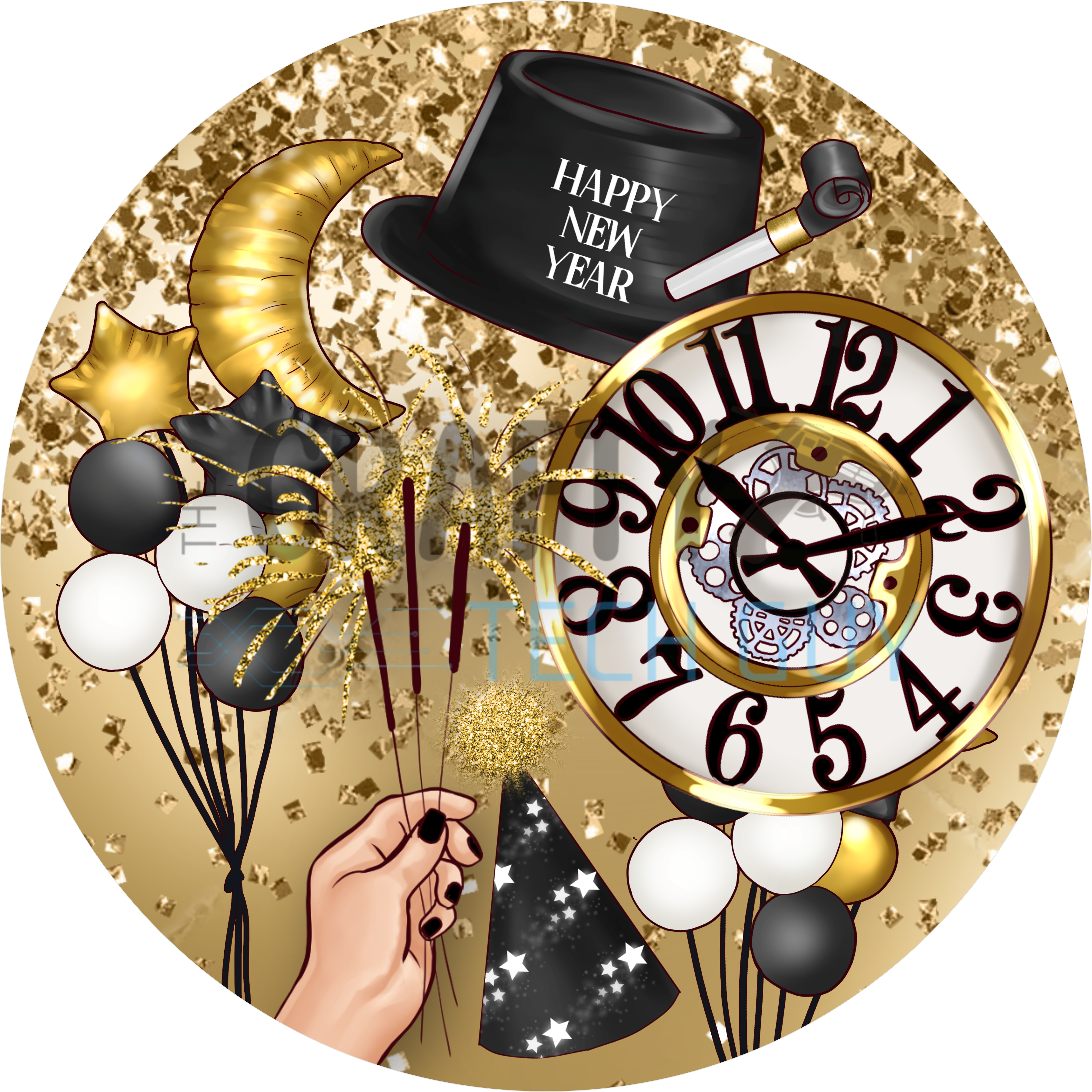 Happy New Year Celebration Design | Gold Glitter Clock, Party Hat, Balloons, and Sparkler Theme Perfect for Festive Holiday Décor