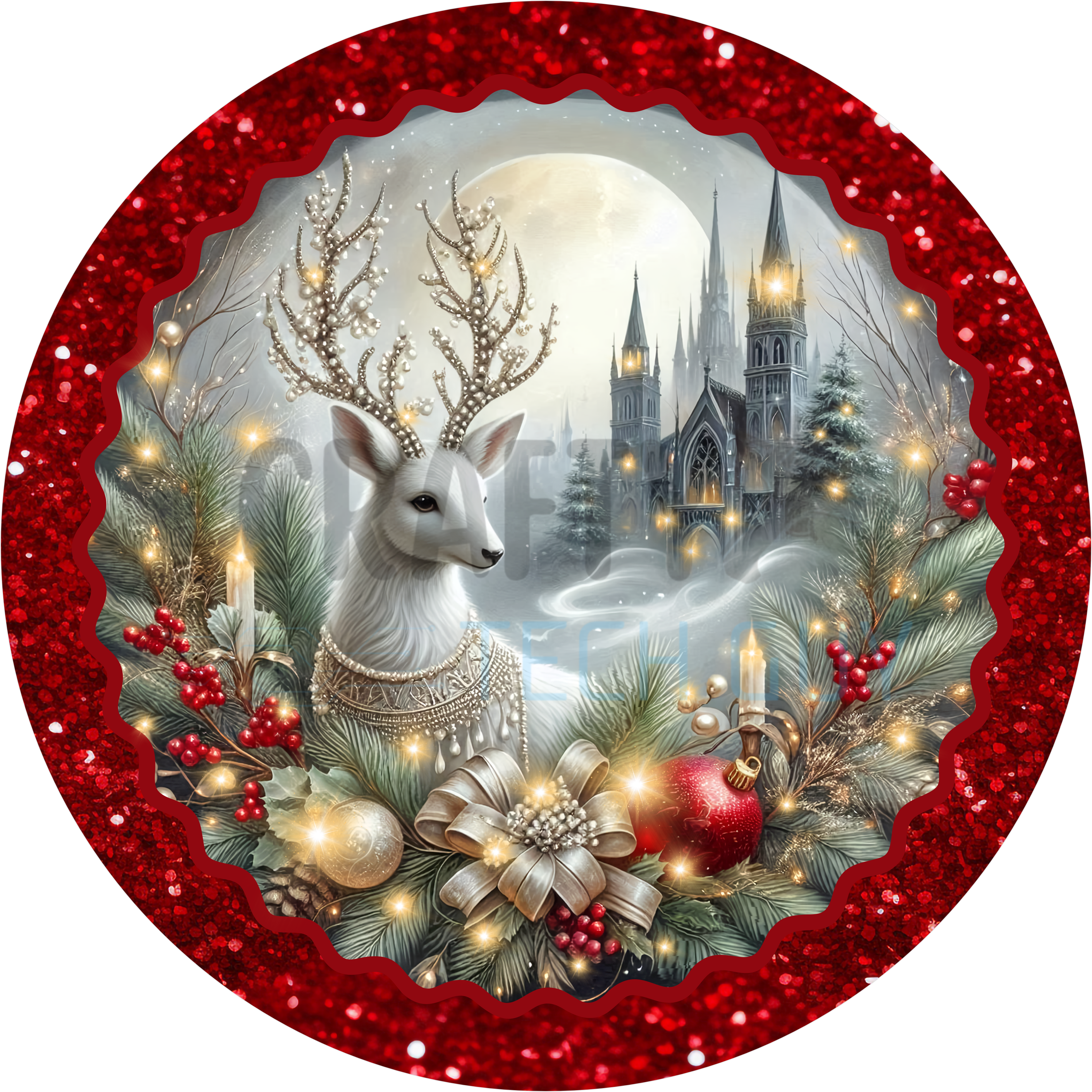 Majestic White Deer with Crystal Antlers and Red Glitter Border | Elegant Winter Castle Christmas Design for Luxury Holiday Décor